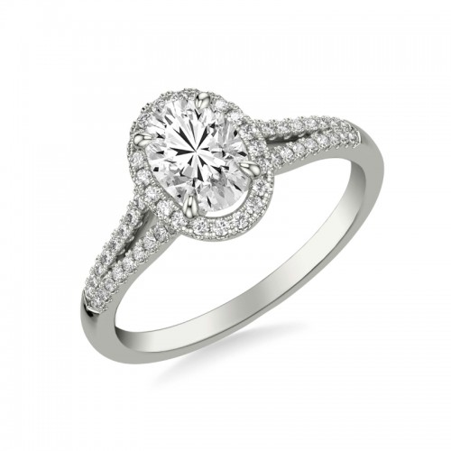 Contemporary Oval Halo Split Shank Diamond Engagement Ring