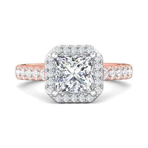 FlyerFit&reg; 18K Pink Gold Shank And White Gold Top Micropave Halo Engagement Ring