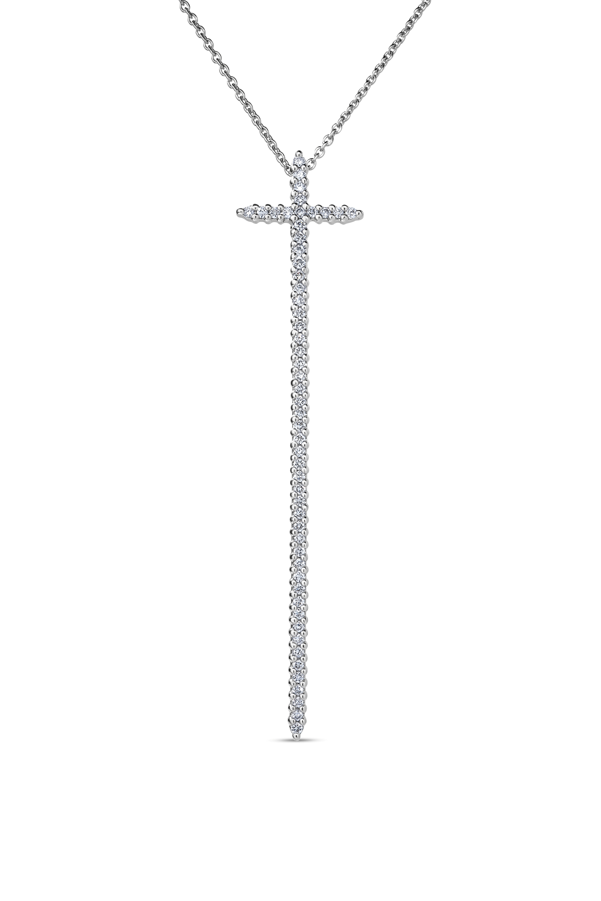 18k White Gold Tiny Treasures Long Slim Diamond Cross Necklace