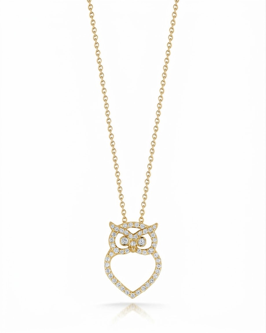 18k Yellow Gold Tiny Treasures Diamond Outline Owl Necklace