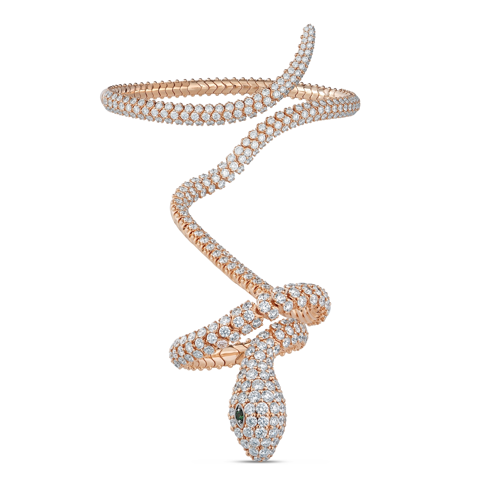 18k Rose Gold Cobra Diamond And Green Garnet Snake Cuff Bangle/ring