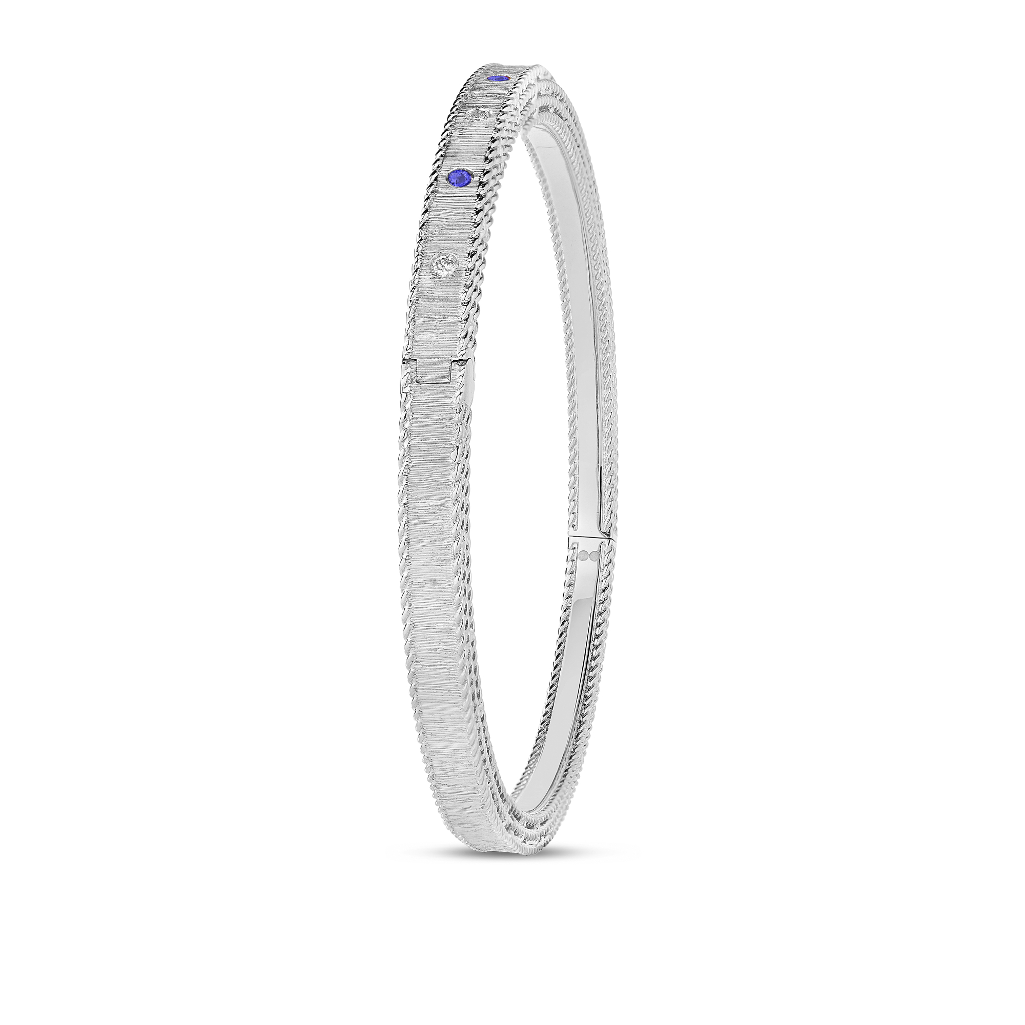 18k White Gold Princess Diamond & Blue Sapphire Satin Finish Bangle