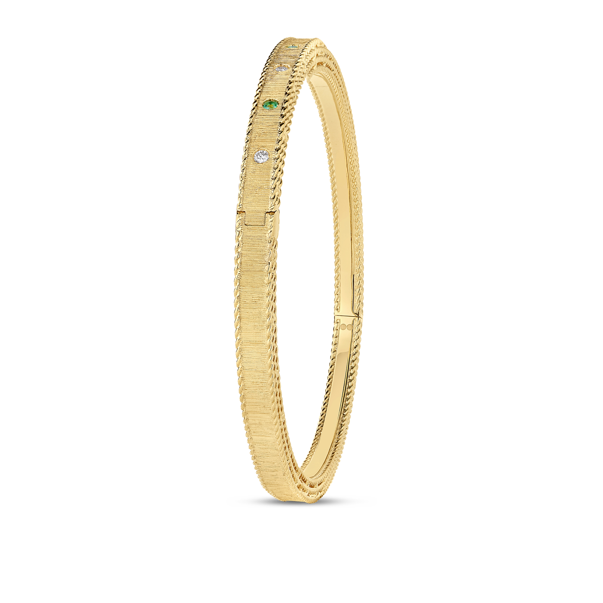 18k Yellow Gold Princess Diamond & Emerald Satin Finish Bangle