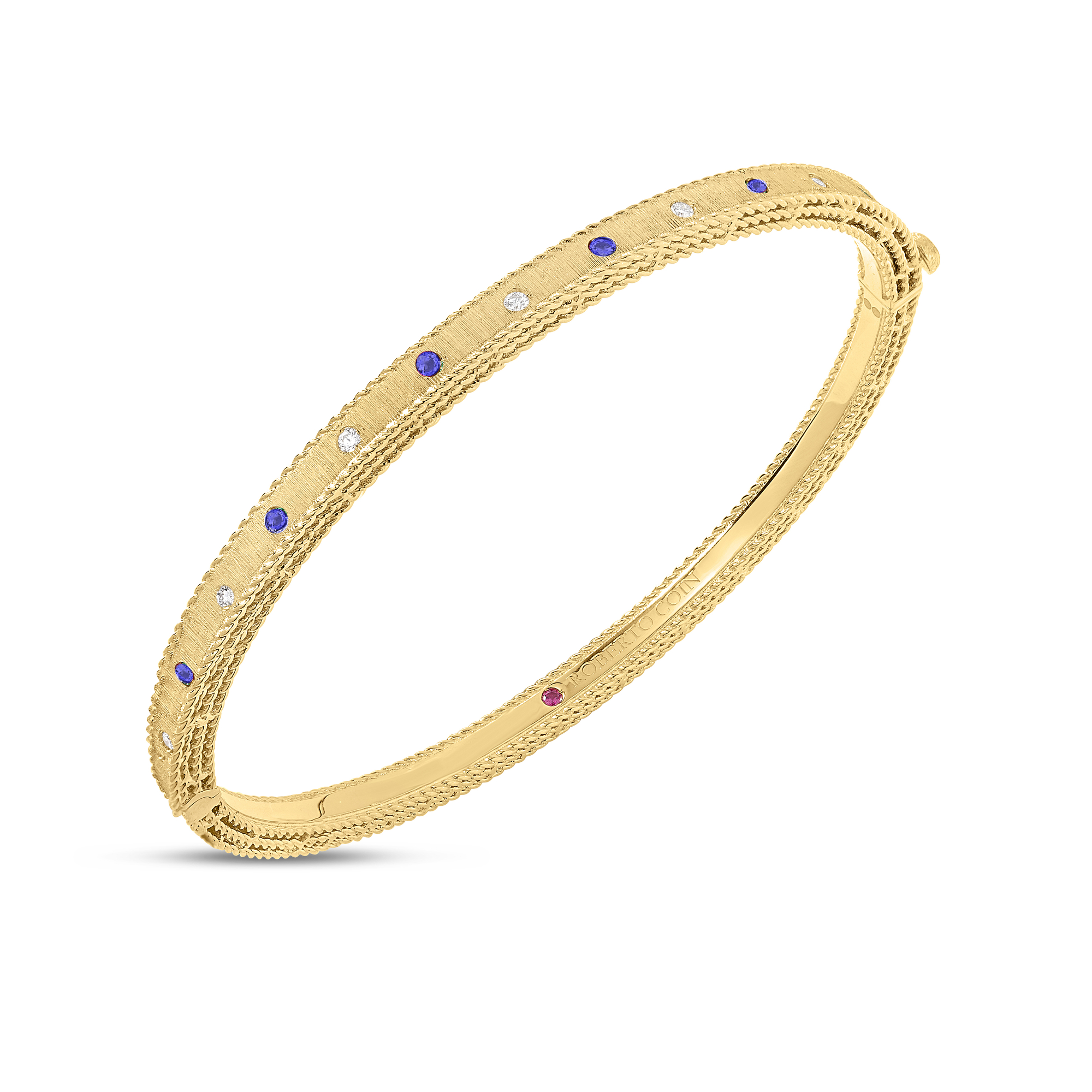 18k Yellow Gold Princess Diamond & Blue Sapphire Satin Finish Bangle