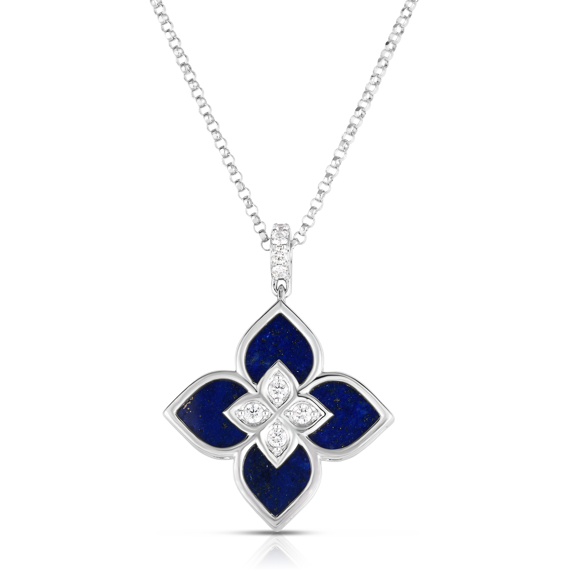 18k White Gold Venetian Princess Diamond & Lapis Small Flower Necklace: 17
