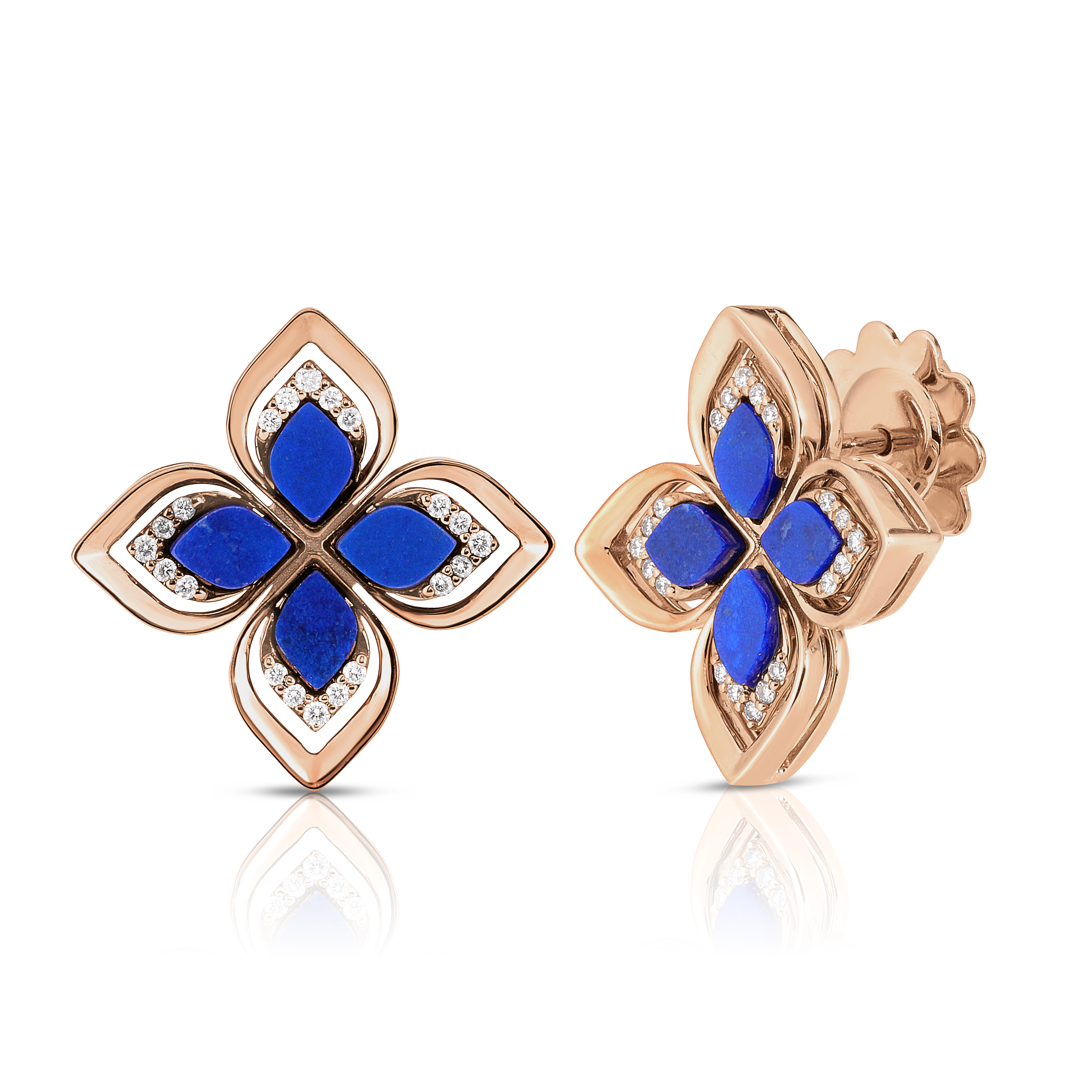 18k Rose Gold Venetian Princess Small Open Frame Diamond & Lapis Flower Stud Earrings