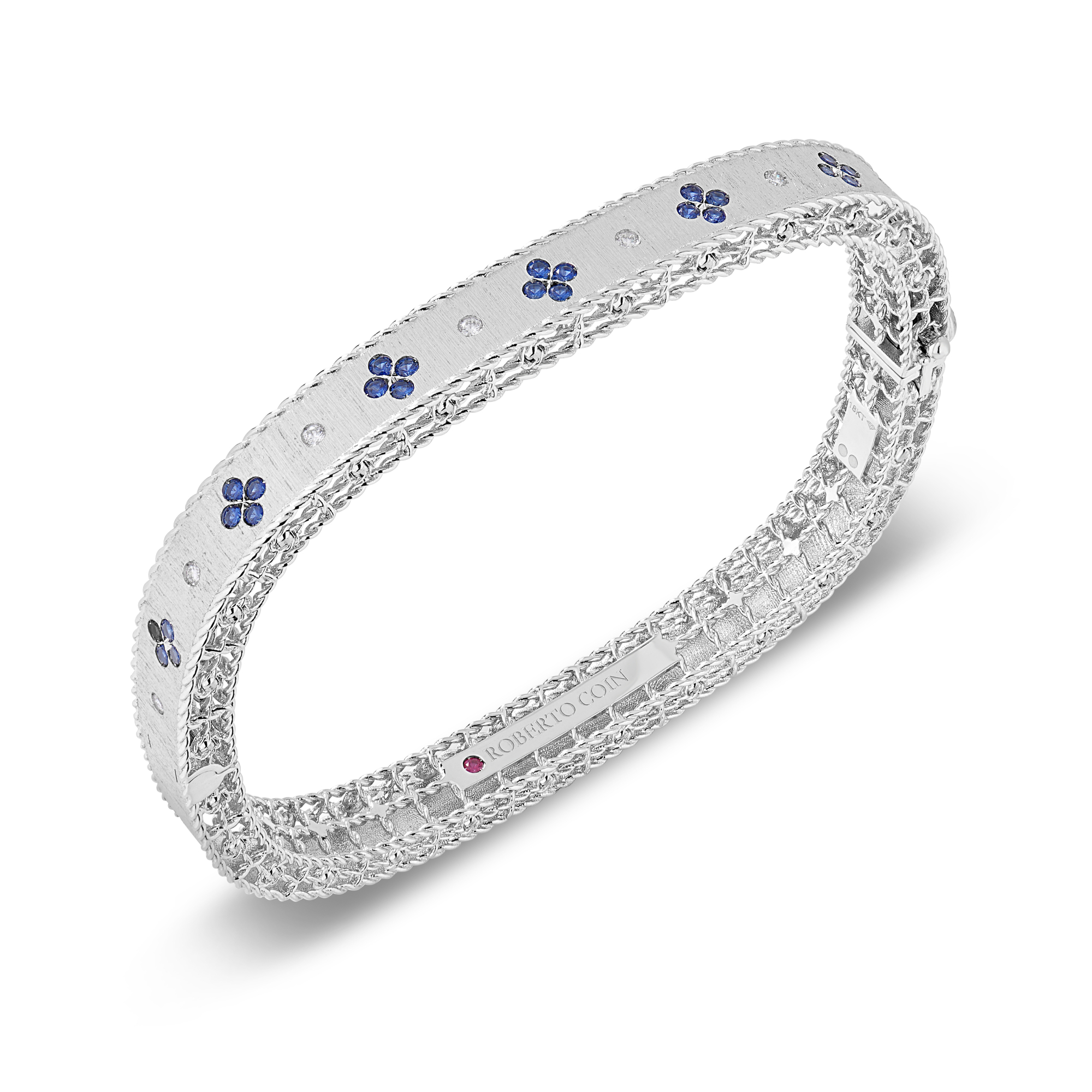 18k White Gold Princess Diamond And Blue Sapphire Bangle