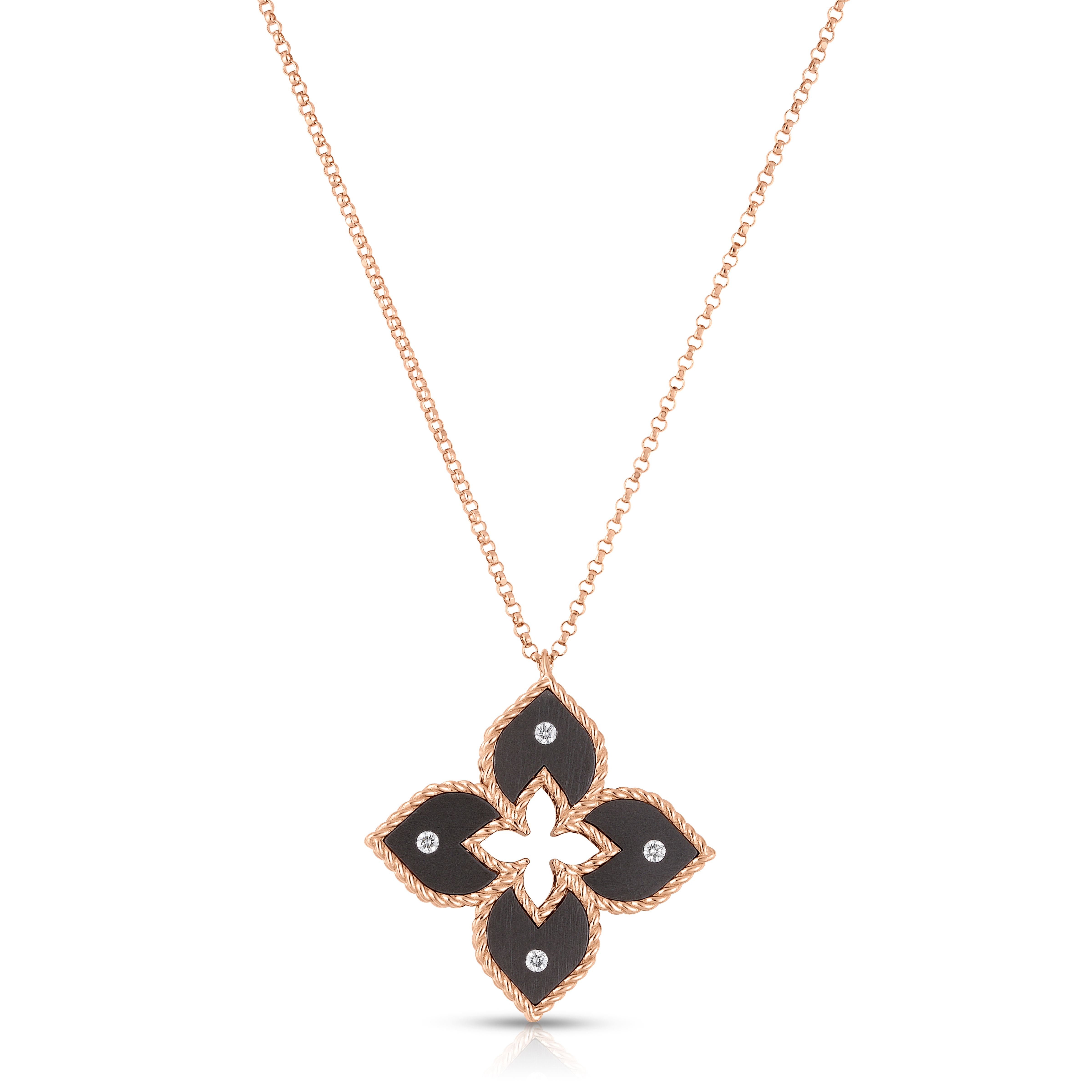 18k Rose Gold Venetian Princess Small Diamond & Gray Titanium Flower Necklace