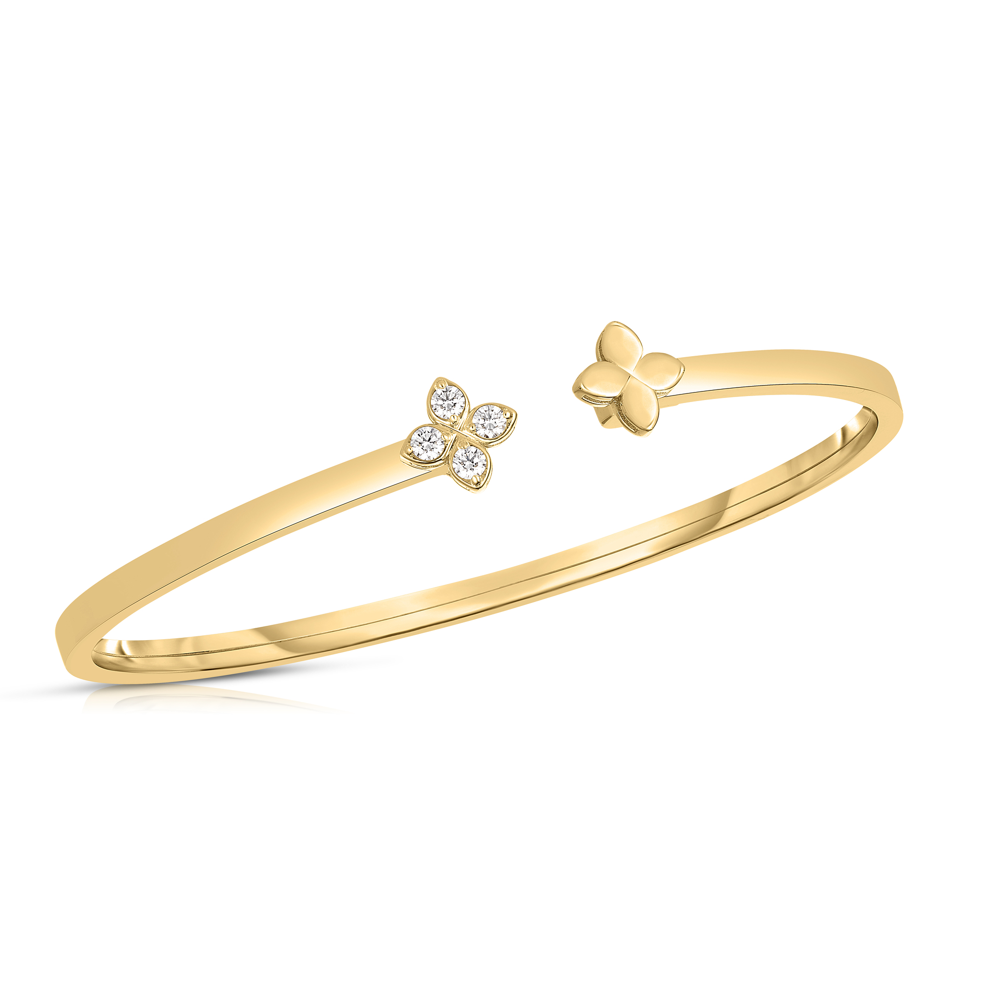 18k Yellow Gold Love In Verona Diamond/polished Flower Cuff Bangle