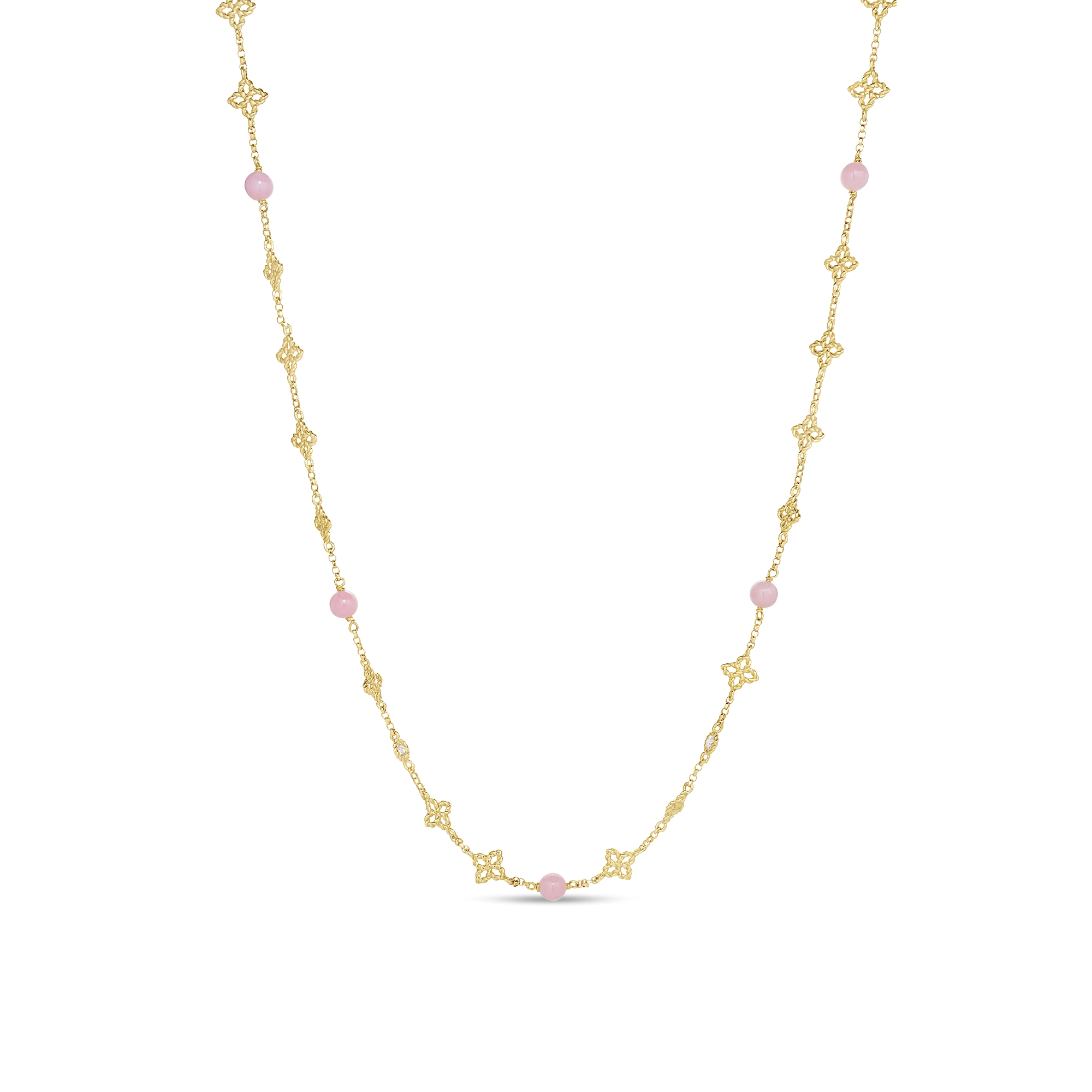 18k Yellow Gold Princess Flower Diamond And Pink Opal Necklace