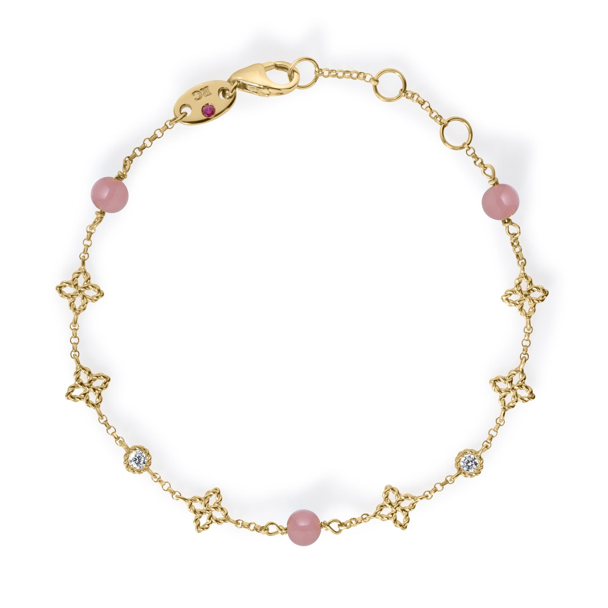 18k Yellow Gold Princess Flower Diamond And Pink Opal Bracelet