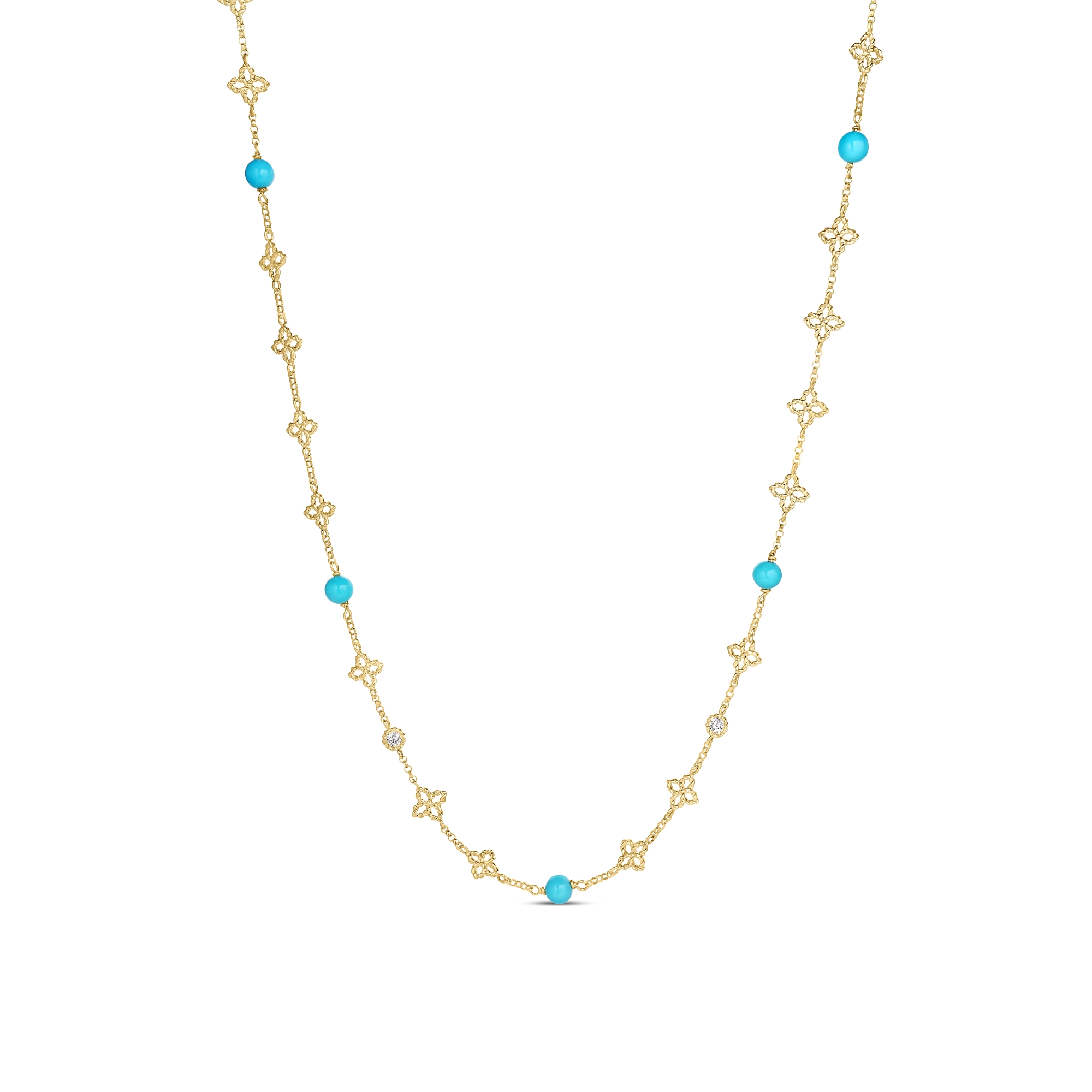 18k Yellow Gold Princess Flower Diamond And Turquoise Necklace