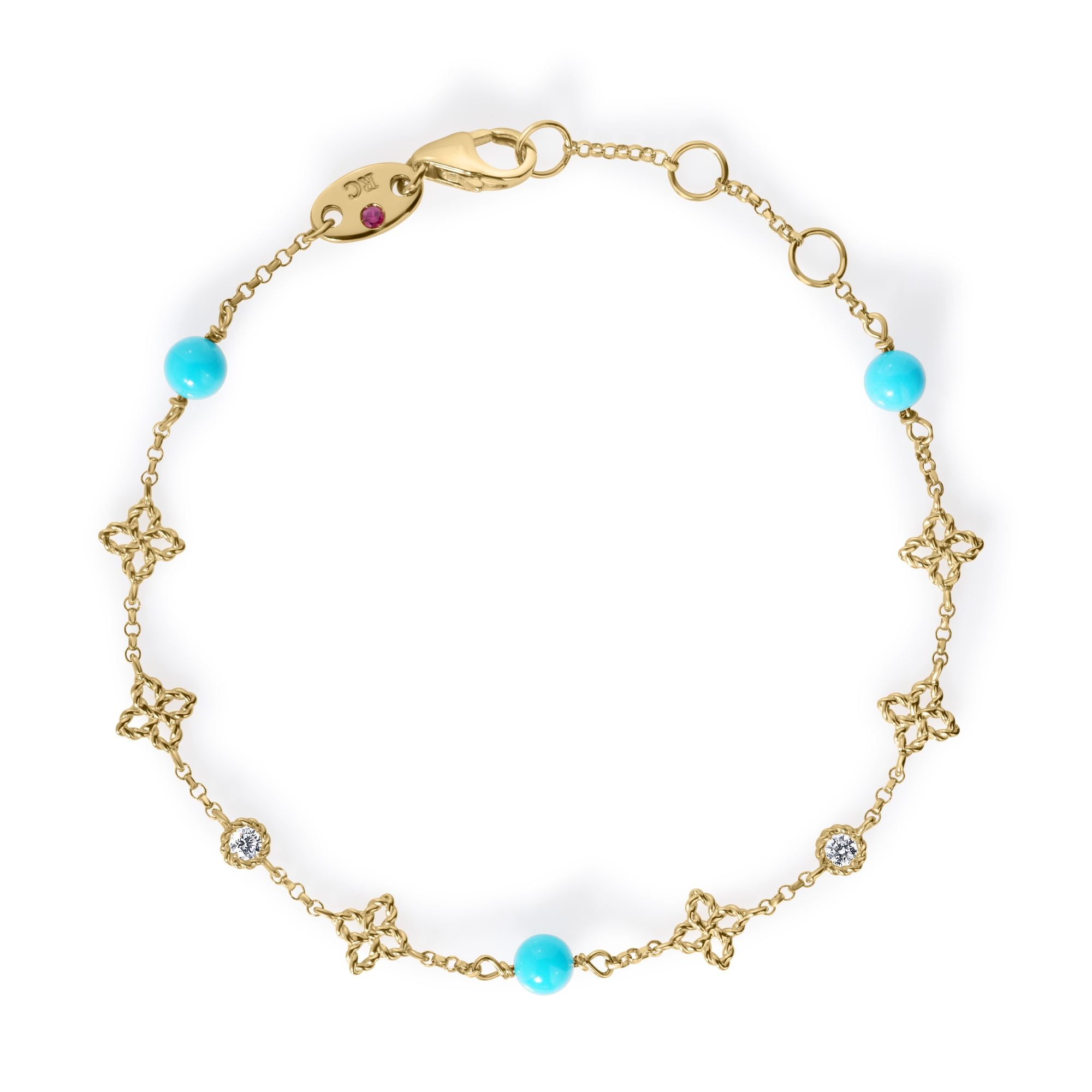 18k Yellow Gold Princess Flower Diamond And Turquoise Bracelet