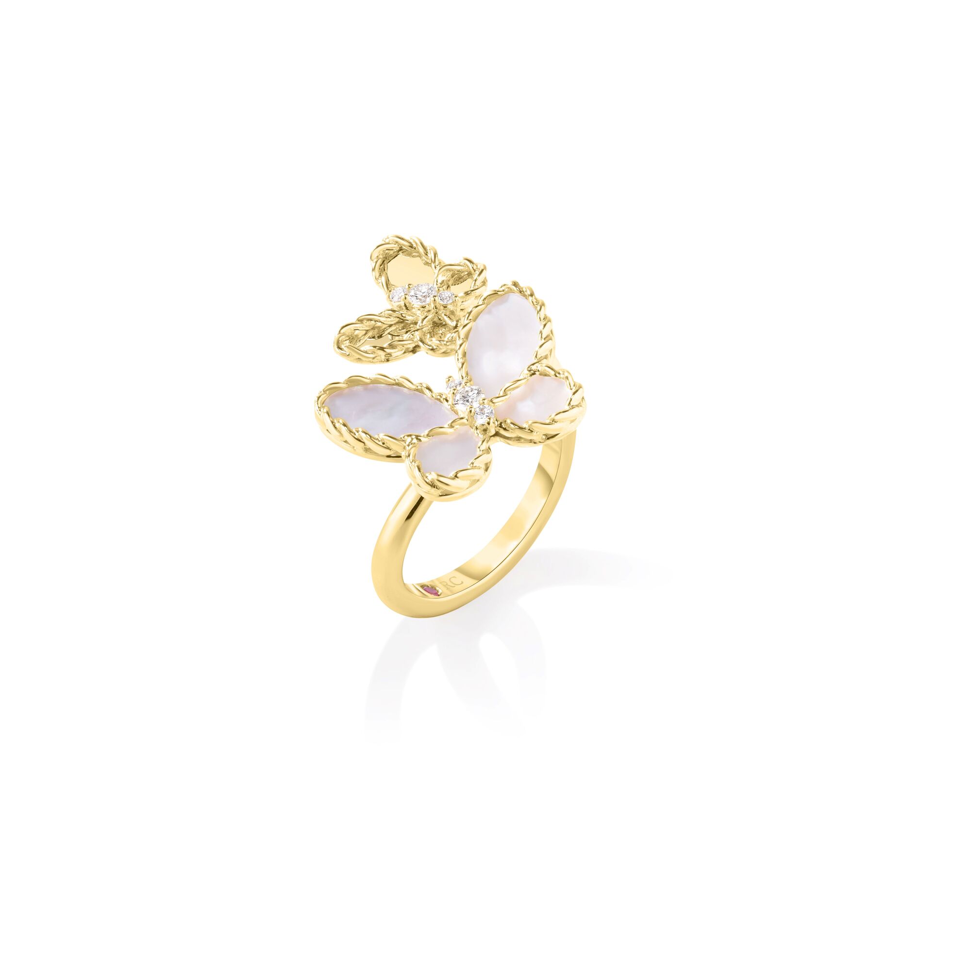 18k Yellow Gold Jasmine Diamond & Mother Of Pearl Double Butterfly Ring