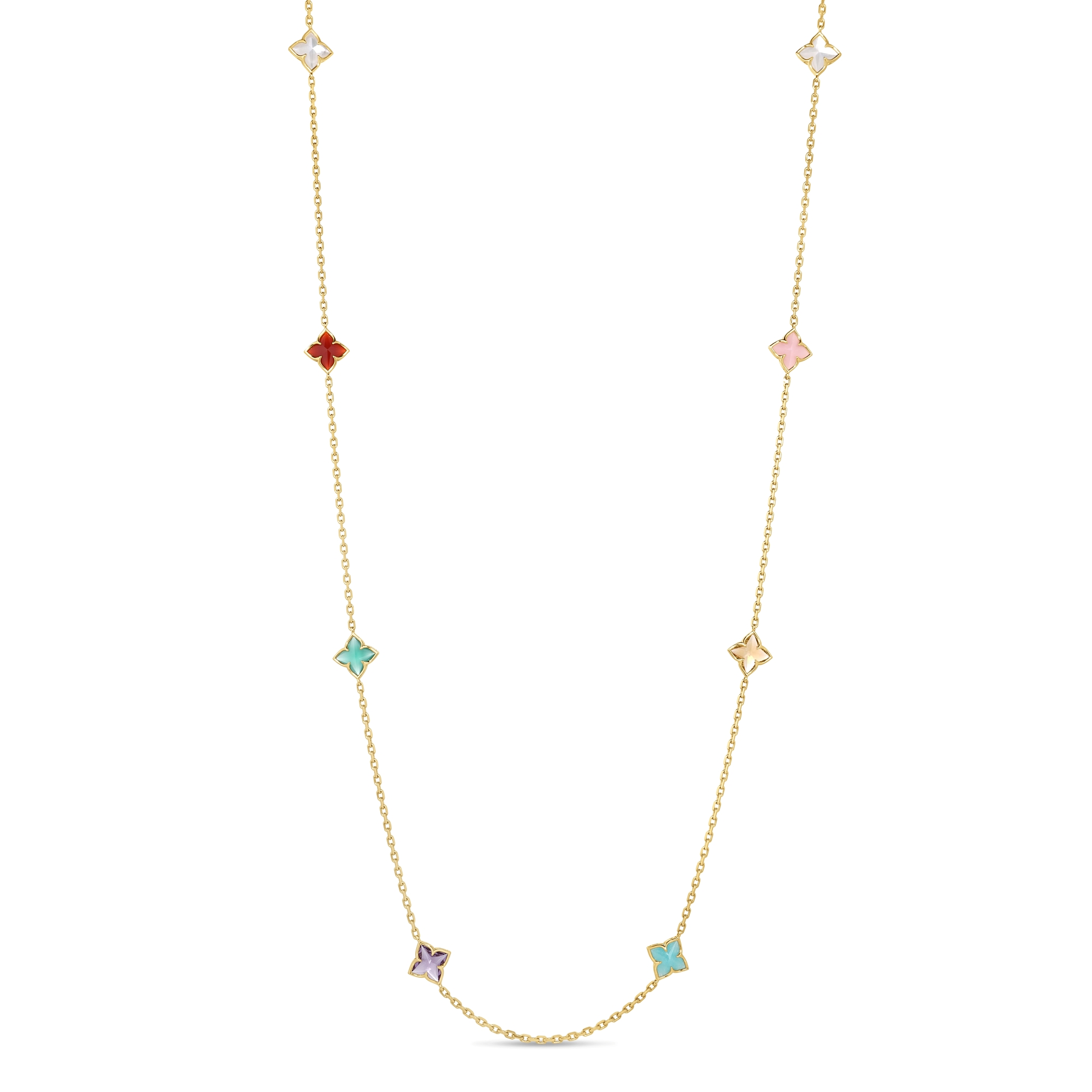 18k Yellow Gold Venetian Princess Carnival Mixed Stones (amazonite, Amethyst, Citrine, Green Agate, Mother Of Pearl, Pink Opal, & Red Agate) Flower Station Long Necklace