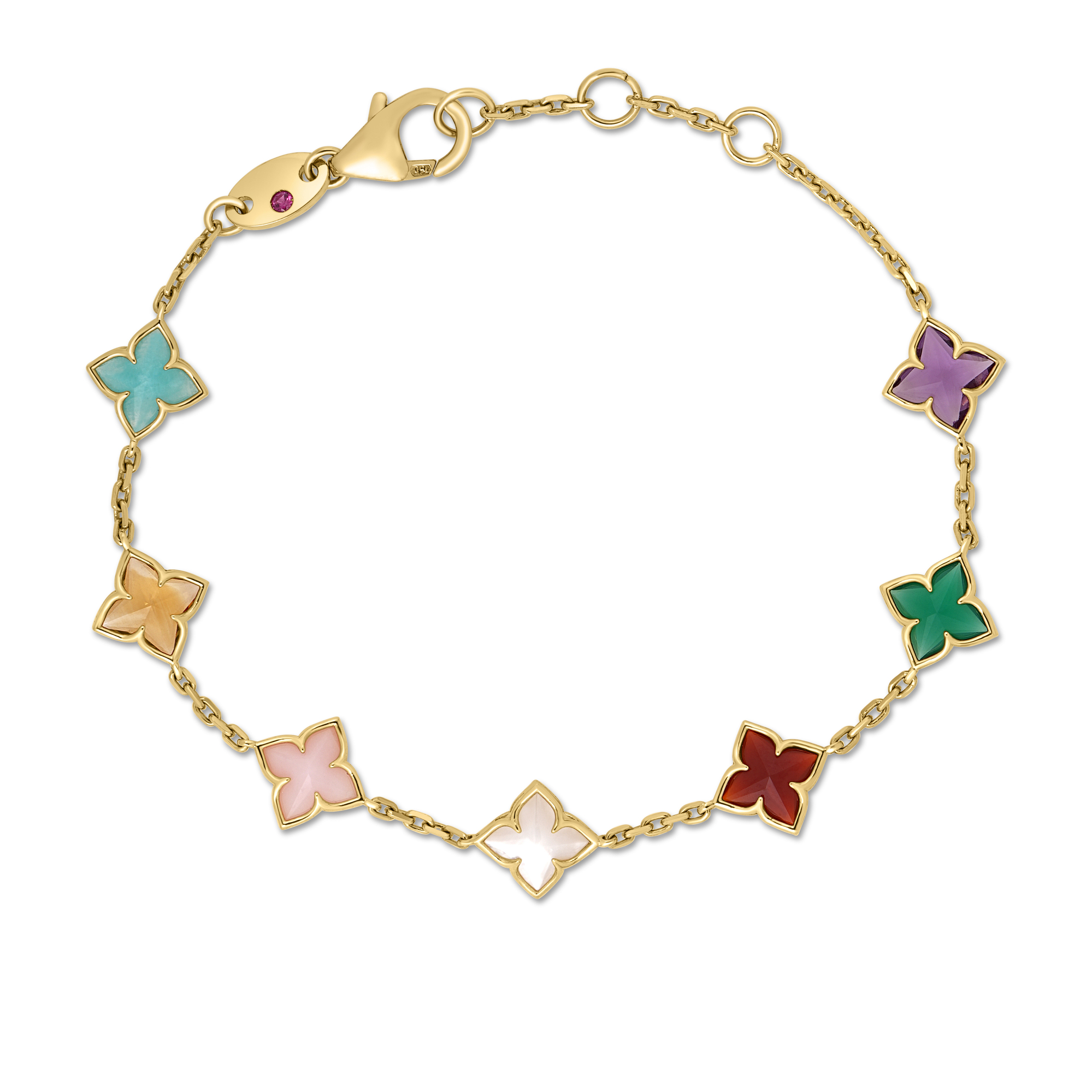 18k Yellow Gold Venetian Princess Carnival Mixed Stones (amazonite, Amethyst, Citrine, Green Agate, Mother Of Pearl, Pink Opal, & Red Agate) Flower Station Bracelet