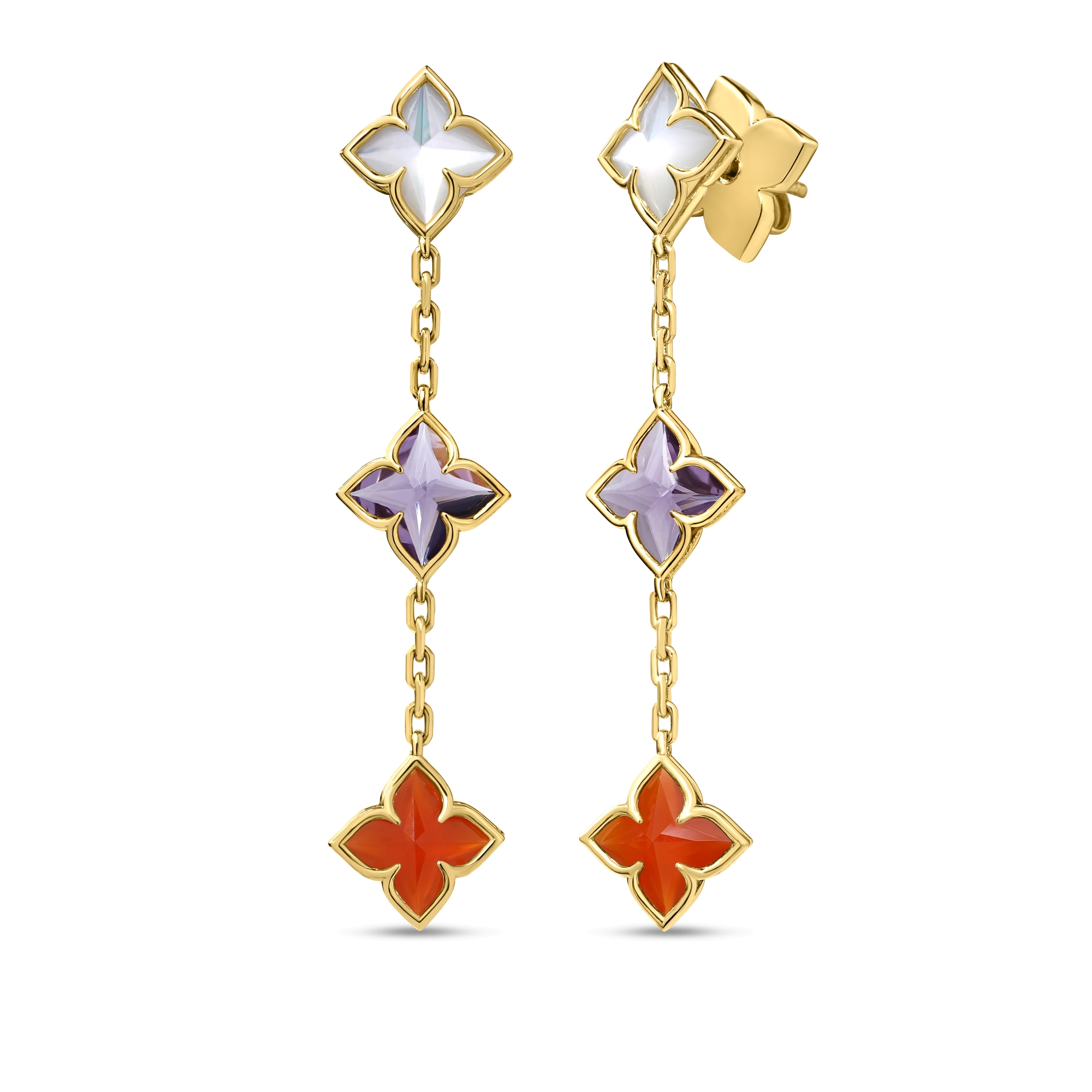 18k Yellow Gold Venetian Princess Carnival Mixed Stones (amethyst, Mother Of Pearl, & Red Agate) Flower Dangle Earrings 