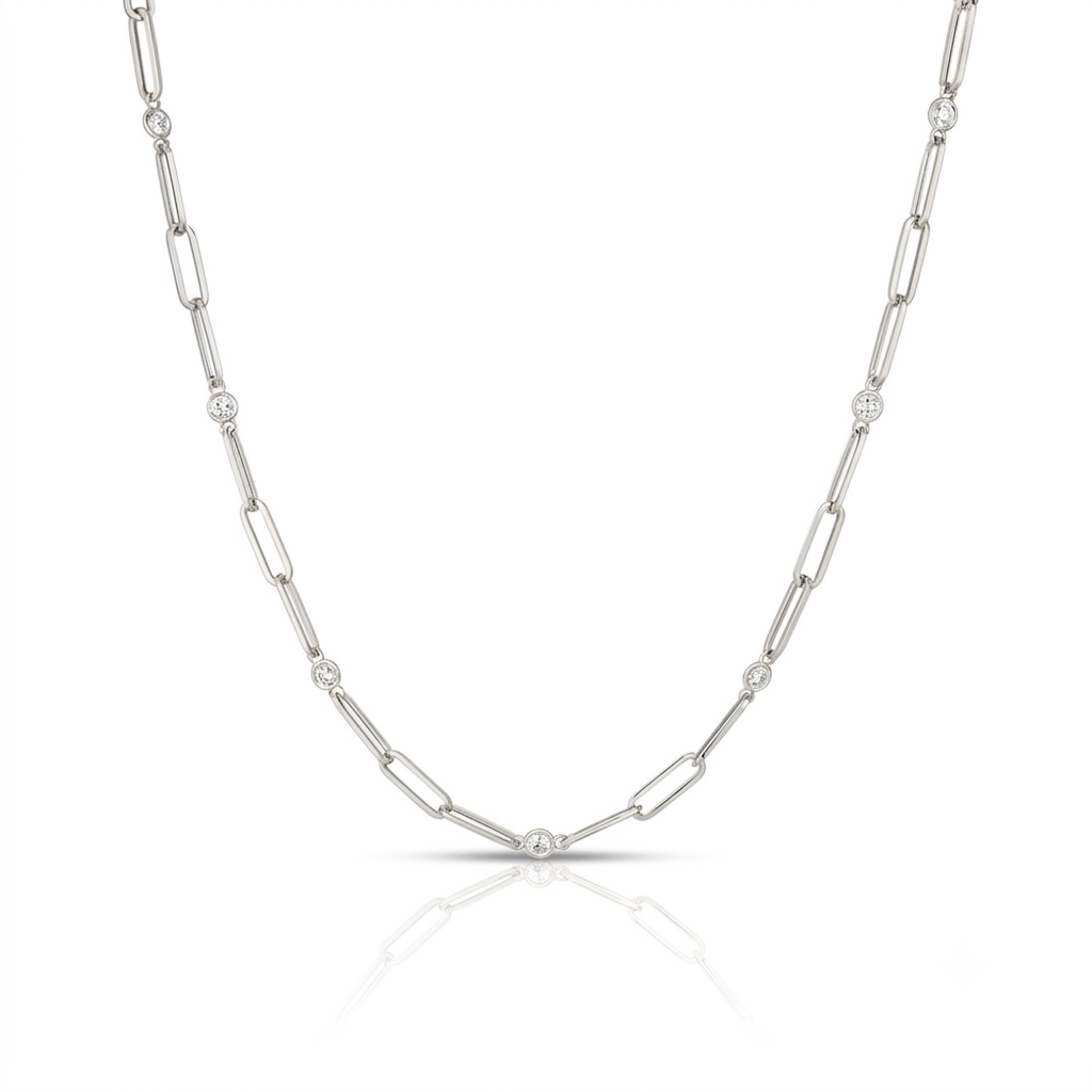 18k White Designer Gold Diamond Station And Paperclip Link Chain Necklace