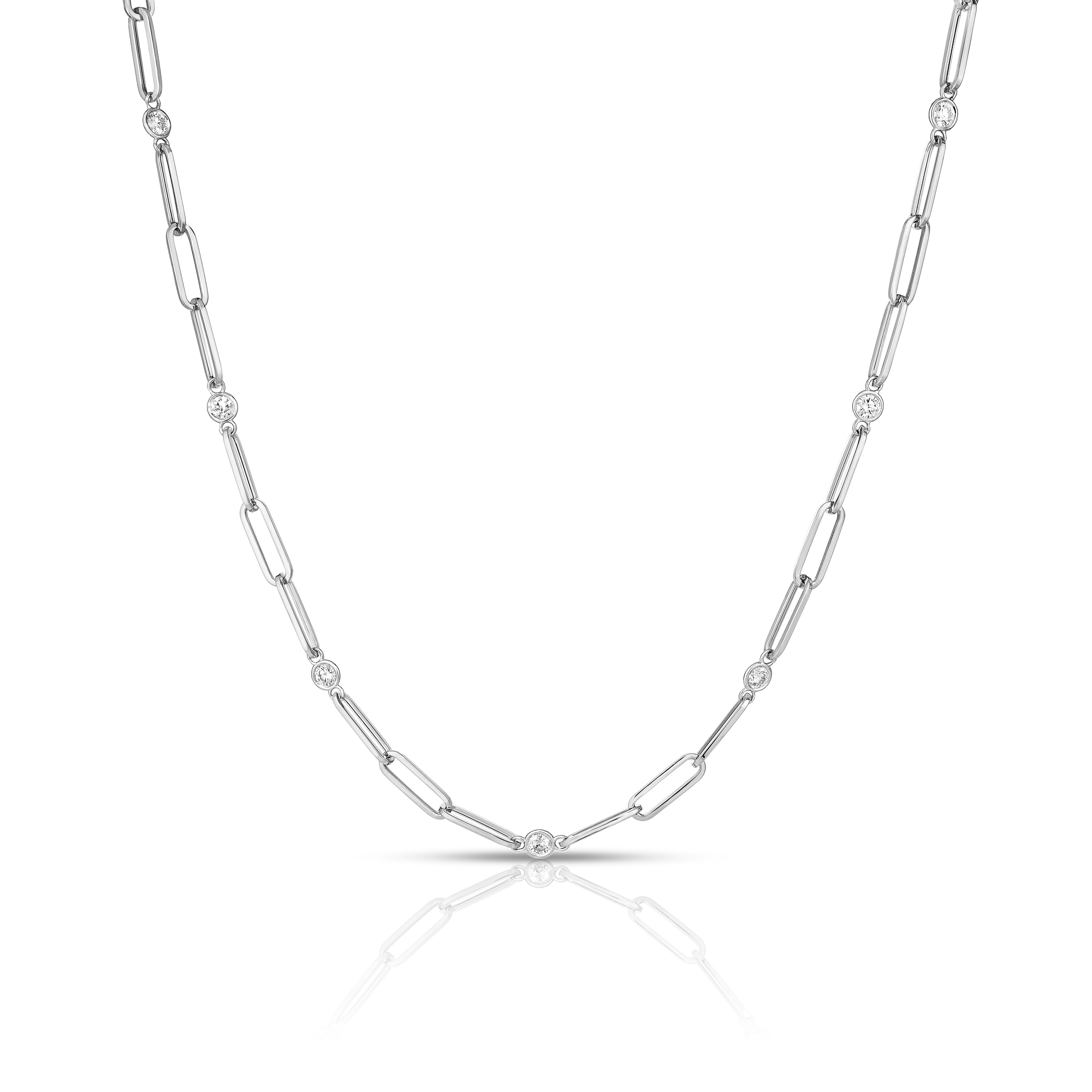 18k White Designer Gold Diamond Station And Paperclip Link Chain Necklace