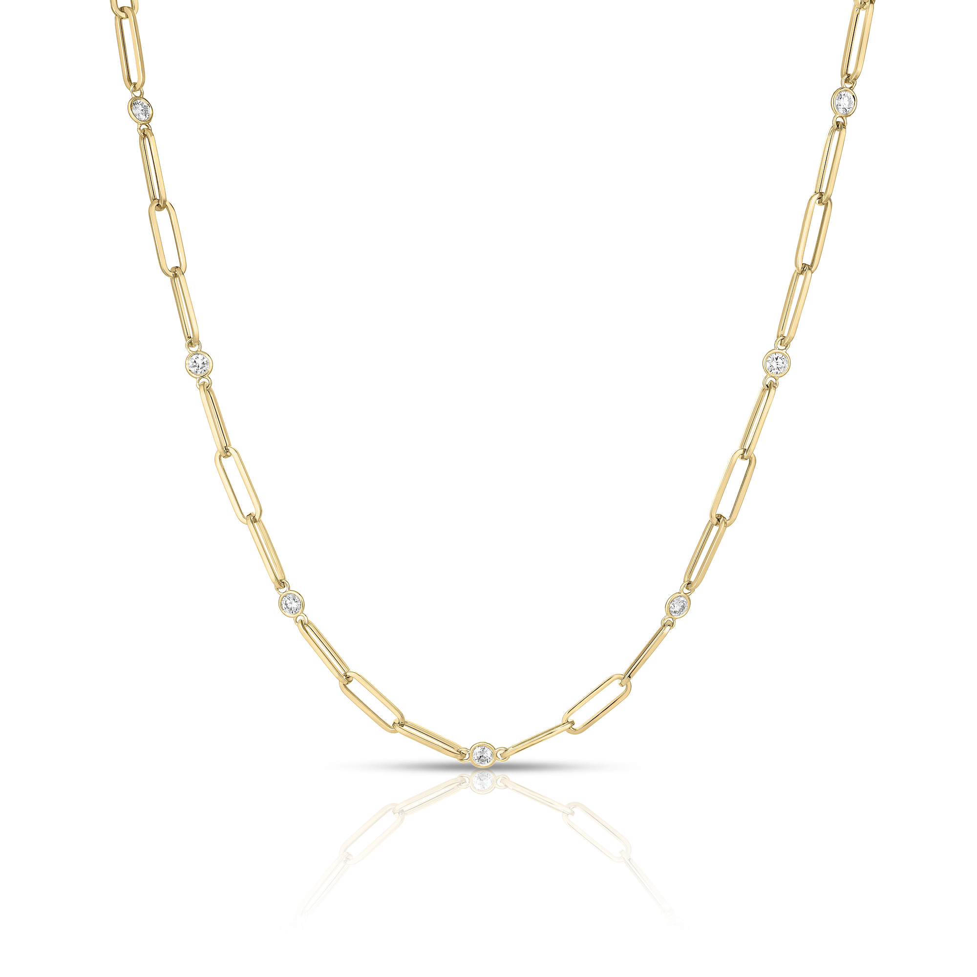 18k Yellow Designer Gold Diamond Station And Paperclip Link Chain Necklace