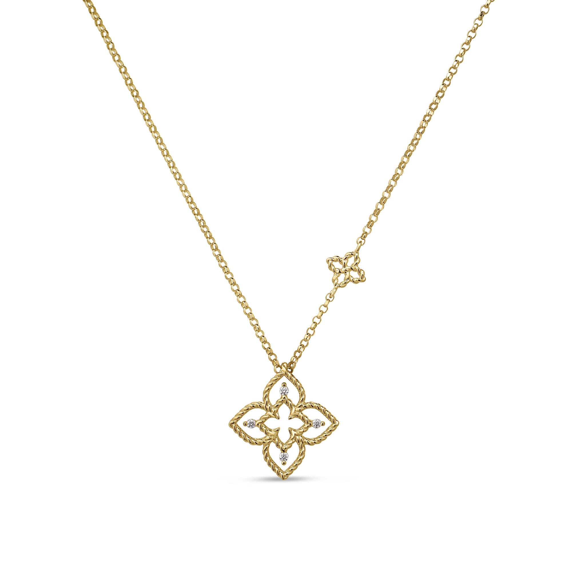 18k Yellow Gold Princess Flower Petite Open Frame Diamond Necklace