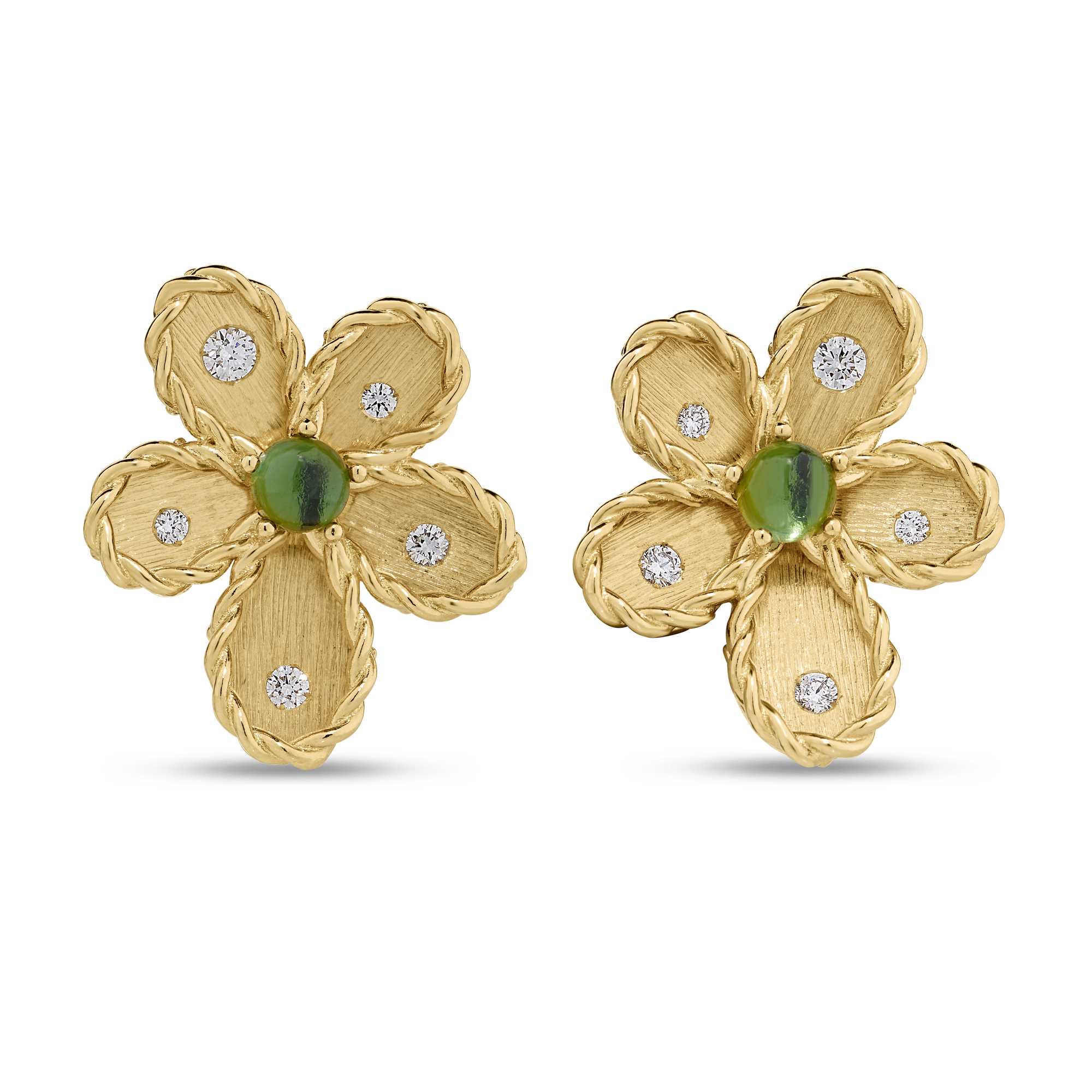 18k Yellow Gold Jasmine Diamond And Green Tourmaline Flower Stud Earrings