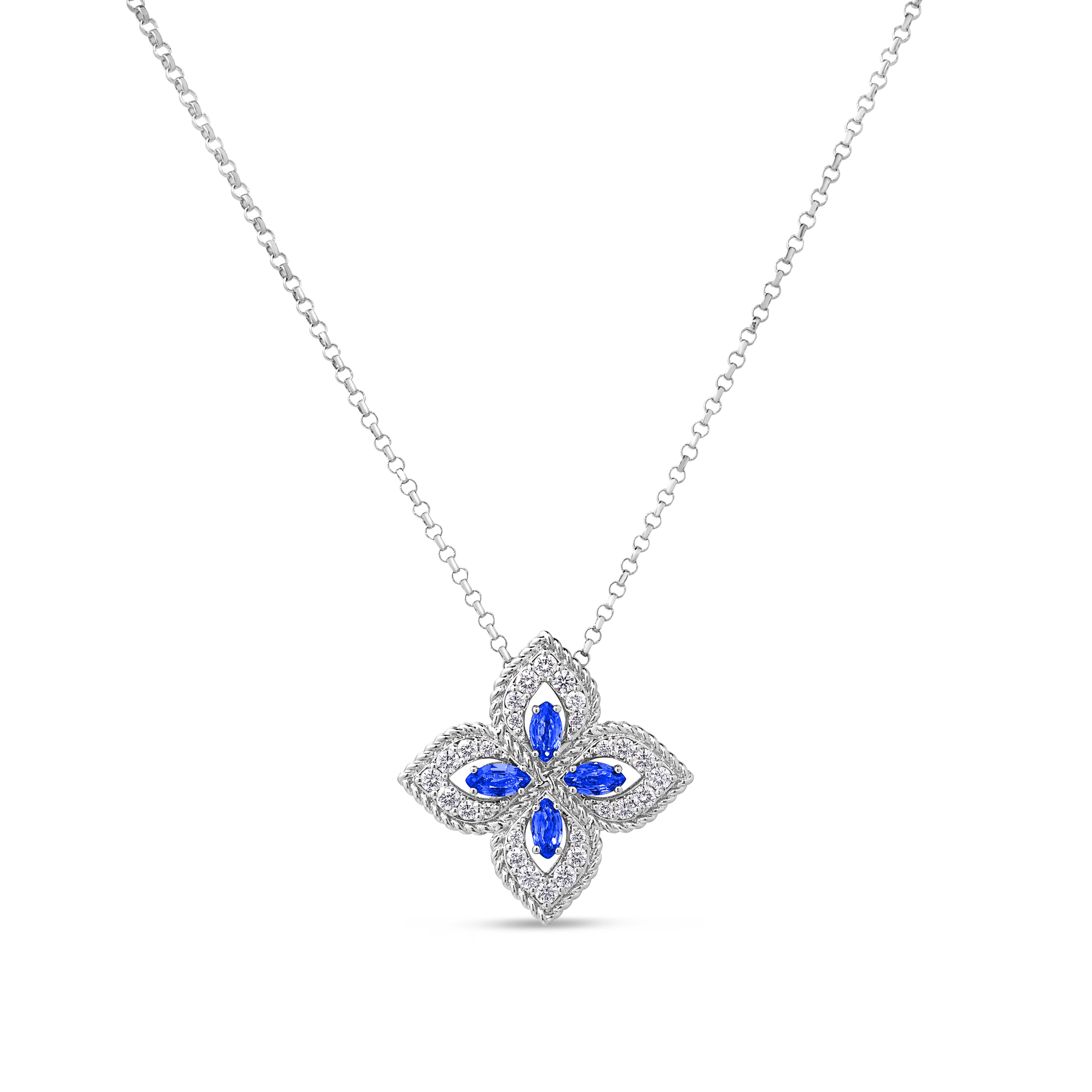 18k White Gold Princess Flower Pave Diamond And Blue Sapphire Necklace