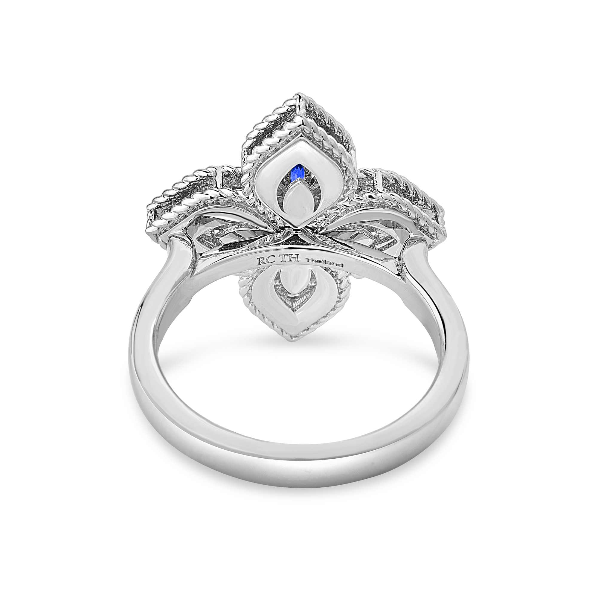 18k White Gold Princess Flower Pave Diamond And Blue Sapphire Ring