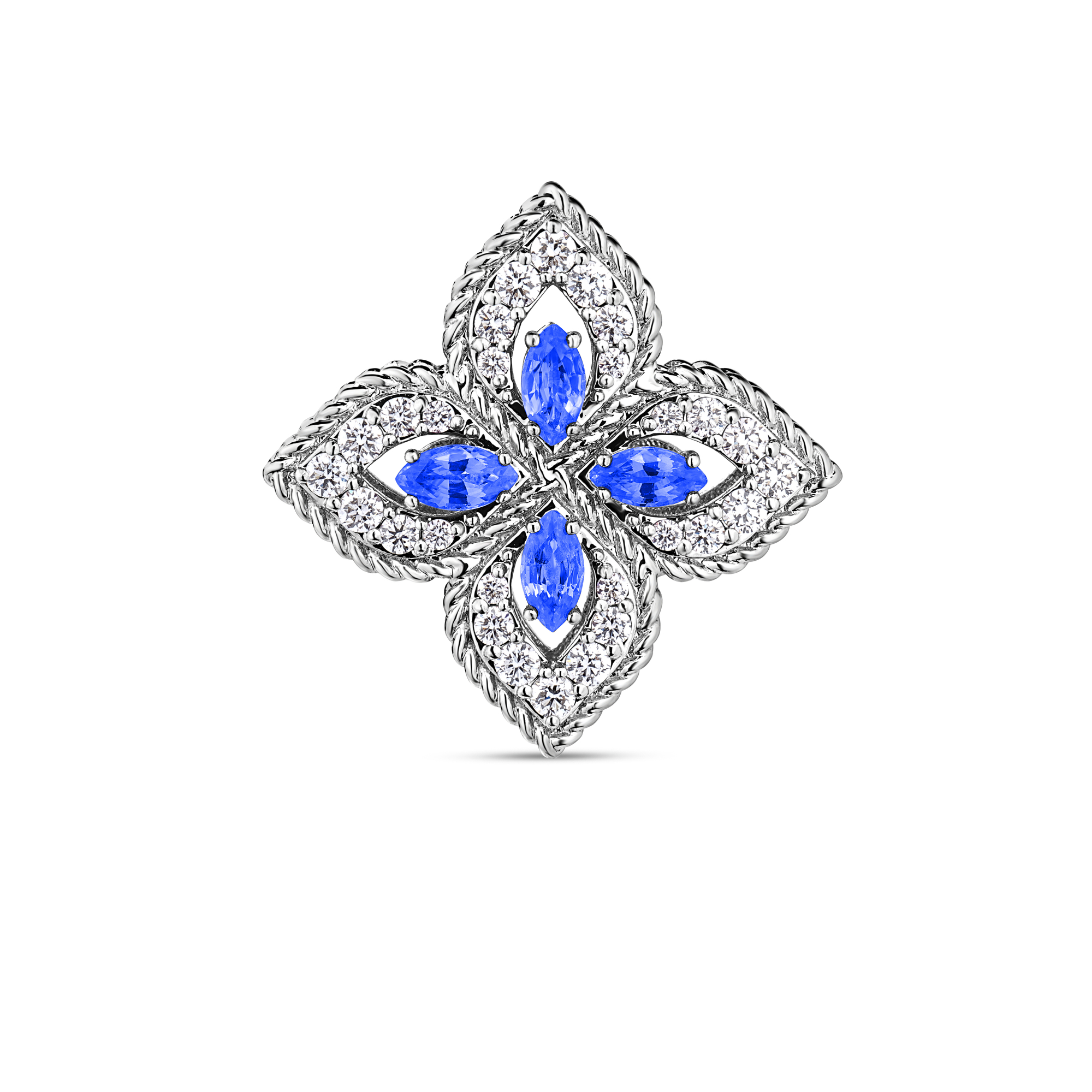 18k White Gold Princess Flower Pave Diamond And Blue Sapphire Stud Earrings