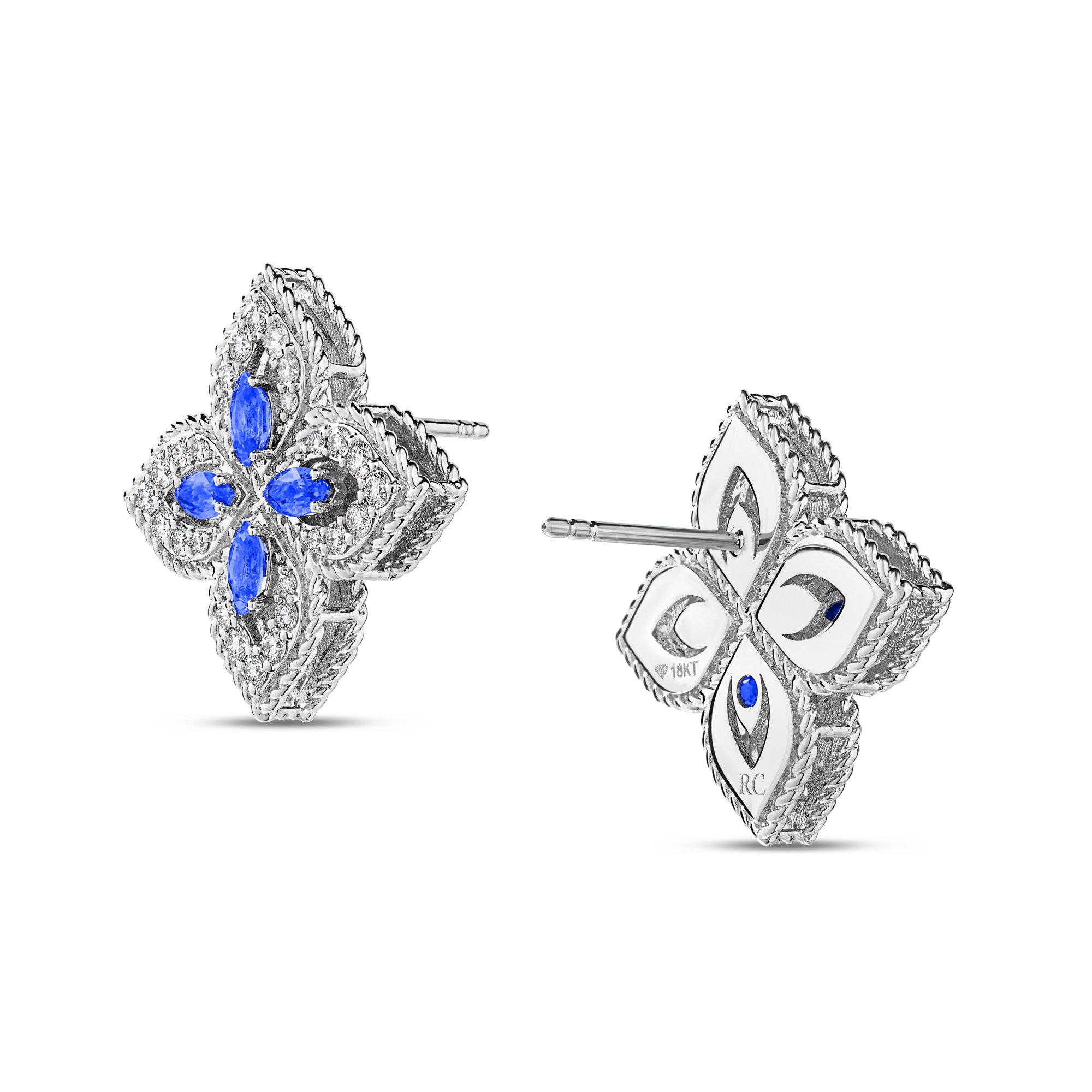 18k White Gold Princess Flower Pave Diamond And Blue Sapphire Stud Earrings