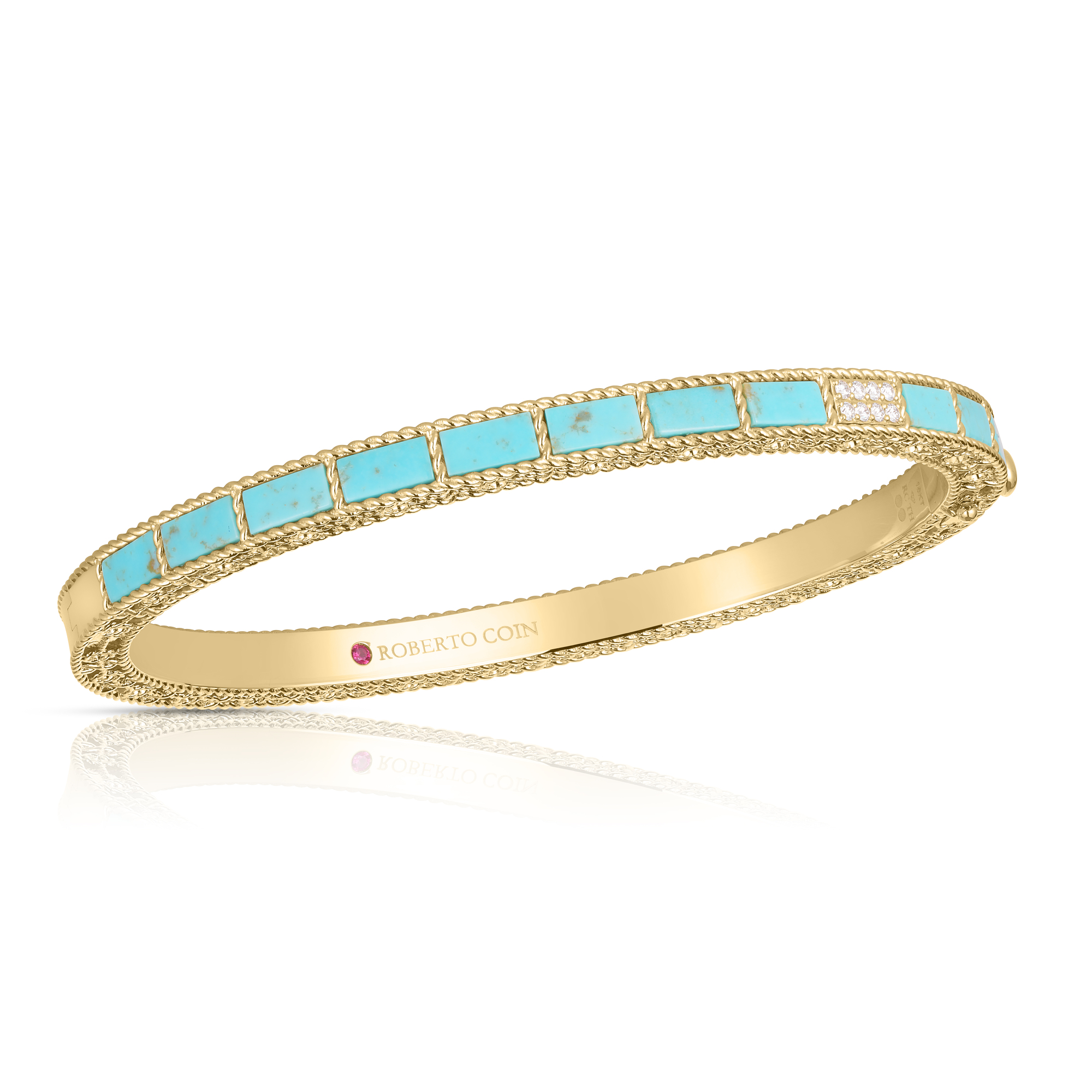 18k Yellow Gold Art Deco Mosaic Diamond Accent & Turquoise Bangle
