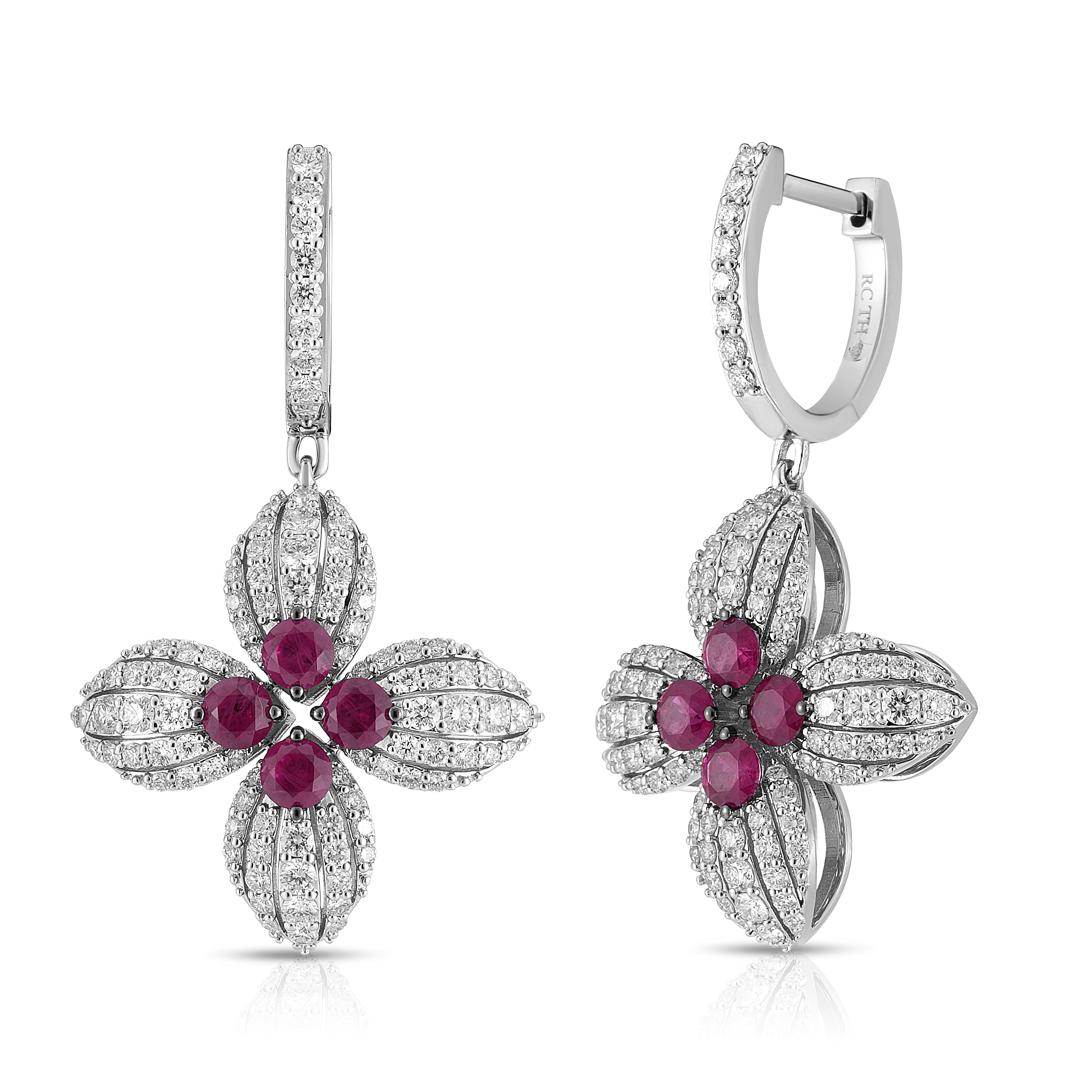 18k White Gold Love In Verona Diamond & Ruby Flower Earrings