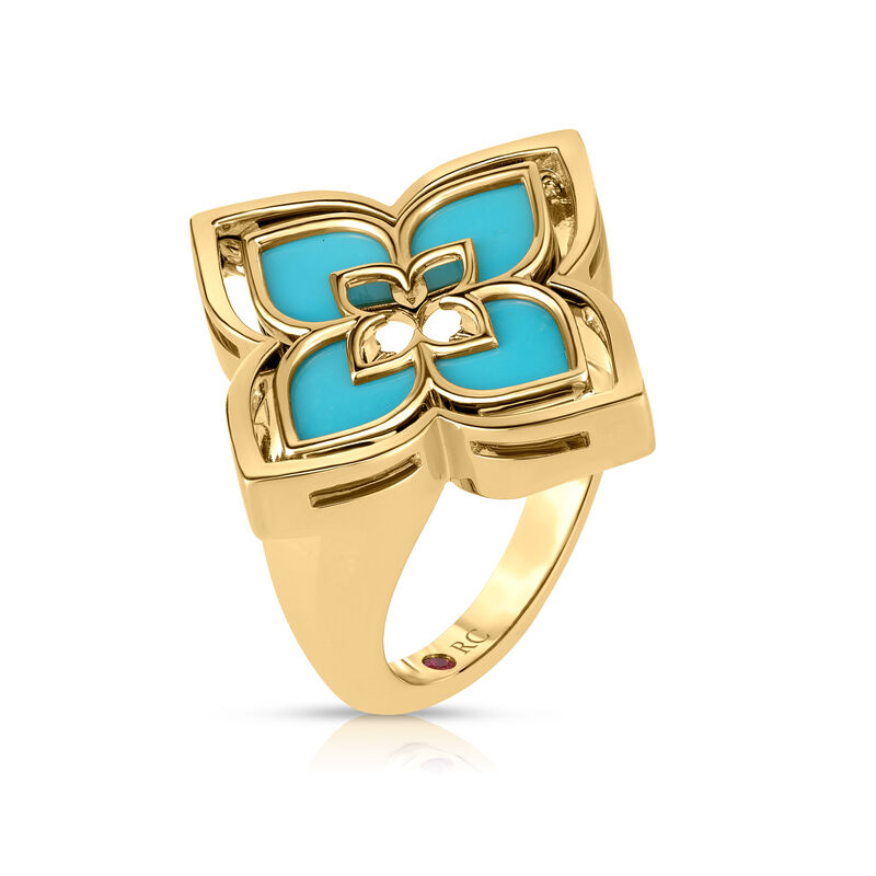 18k Yellow Gold Venetian Princess Pirouette Diamond & Turquoise Flower Ring