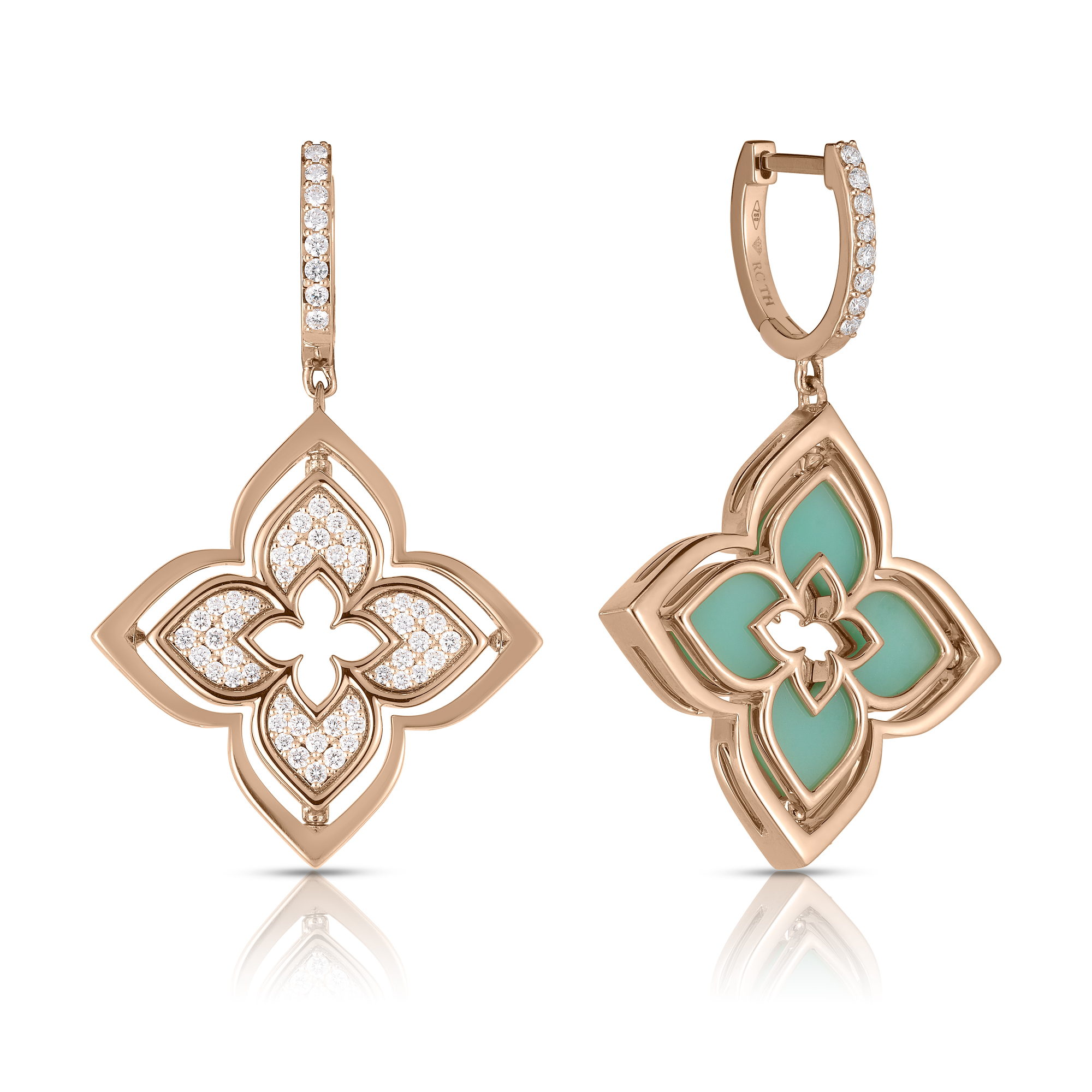 	18k Rose Gold Venetian Princess Pirouette Pave Diamond & Chrysoprase Flower Drop Earrings