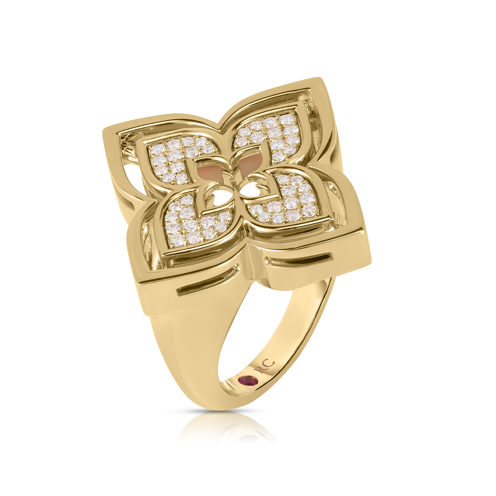 18k Yellow Gold Venetian Princess Pirouette Pave Diamond & Turquoise Flower Ring