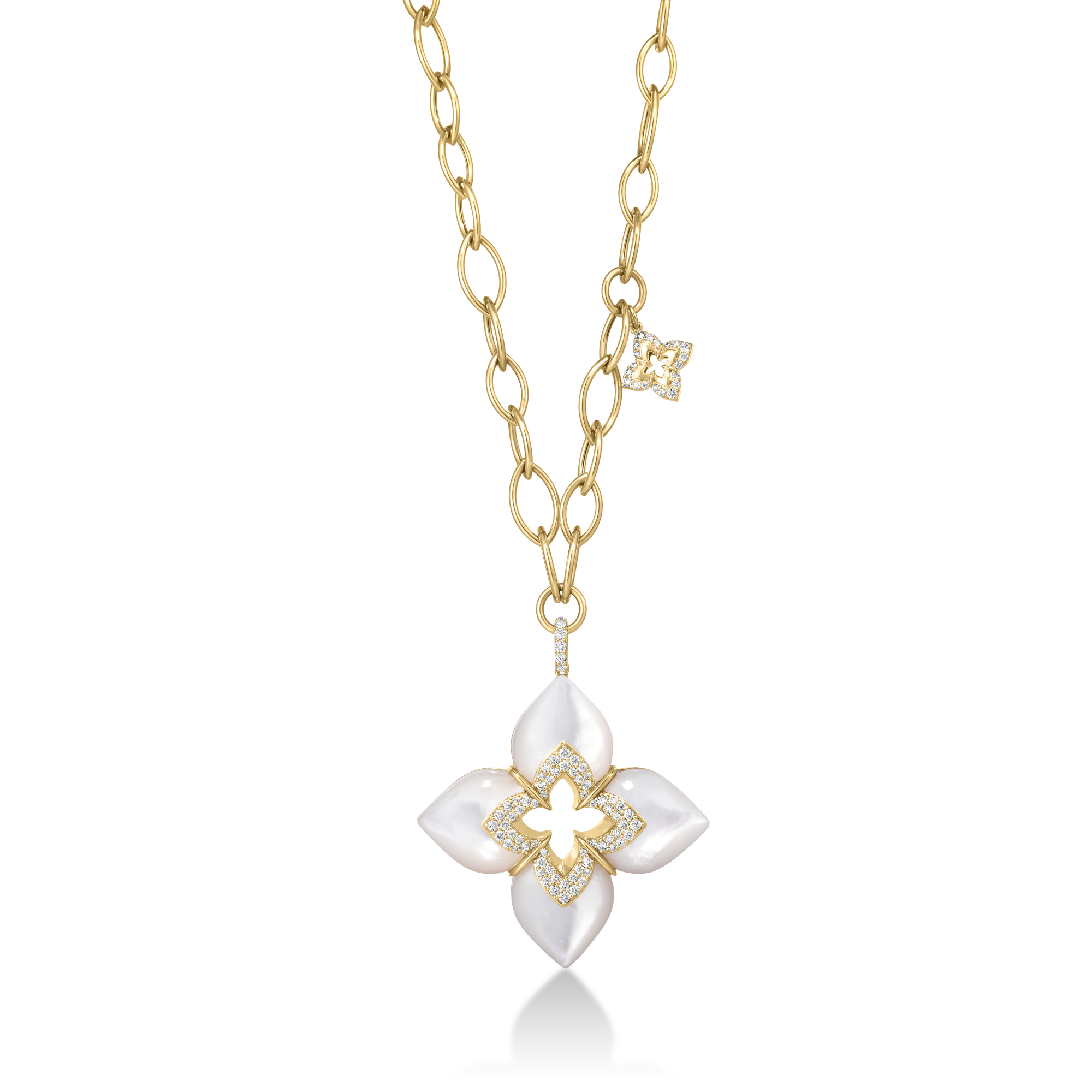 18k Yellow Gold Venetian Princess Cabochon Diamond & Mother Of Pearl Flower Necklace