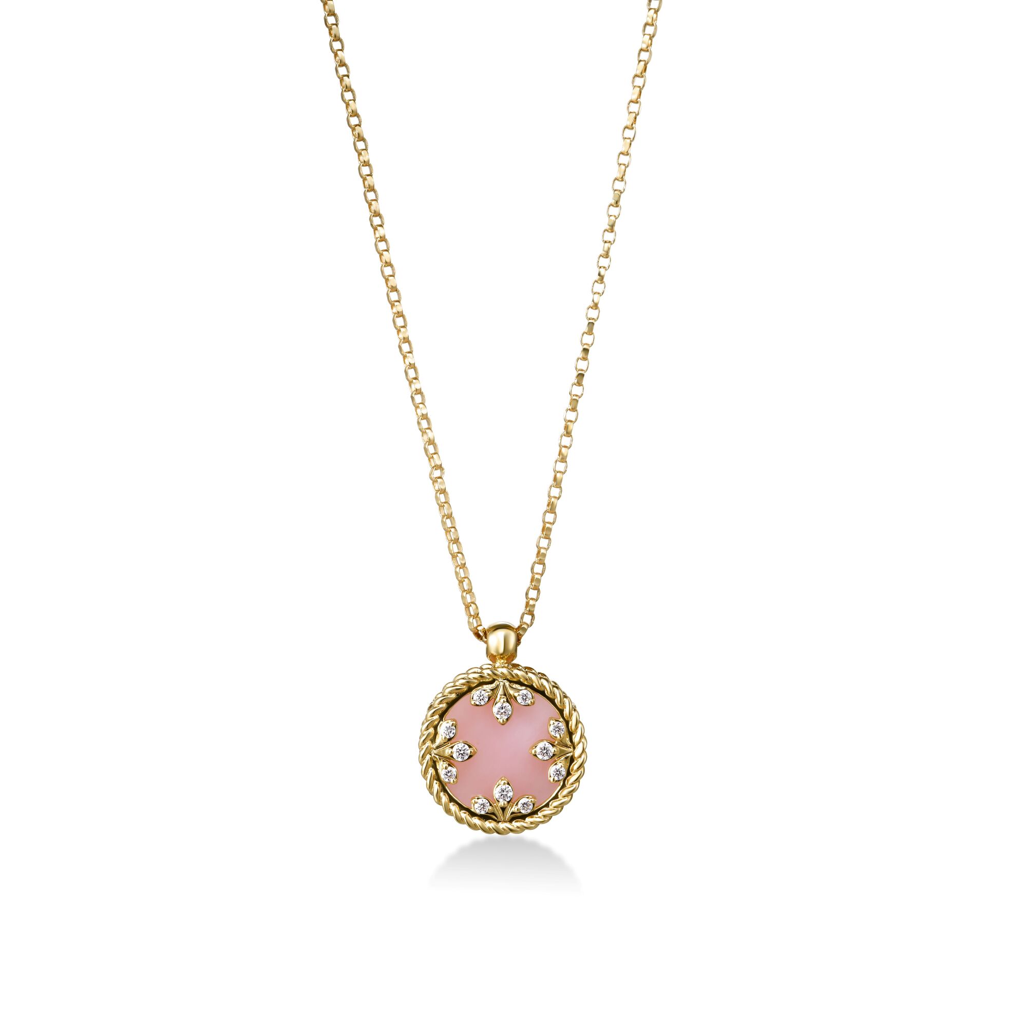 18k Yellow Gold Venetian Medallions Small Diamond And Pink Opal Necklace