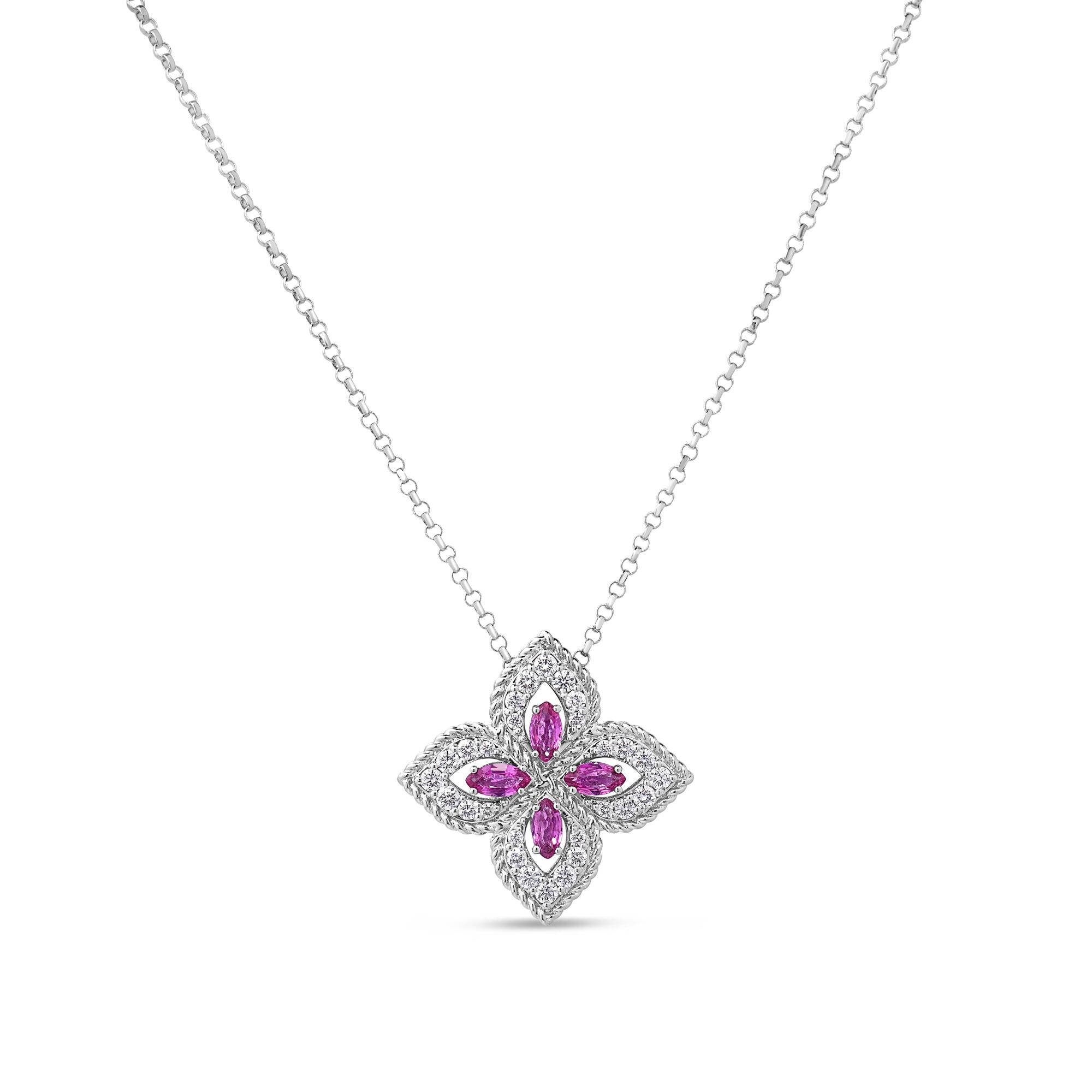 18k White Gold Princess Flower Pave Diamond And Pink Sapphire Necklace