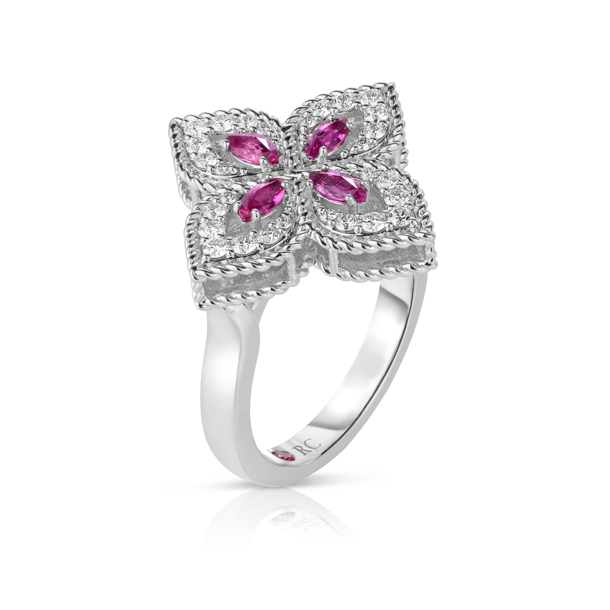 18k White Gold Princess Flower Pave Diamond And Pink Sapphire Ring
