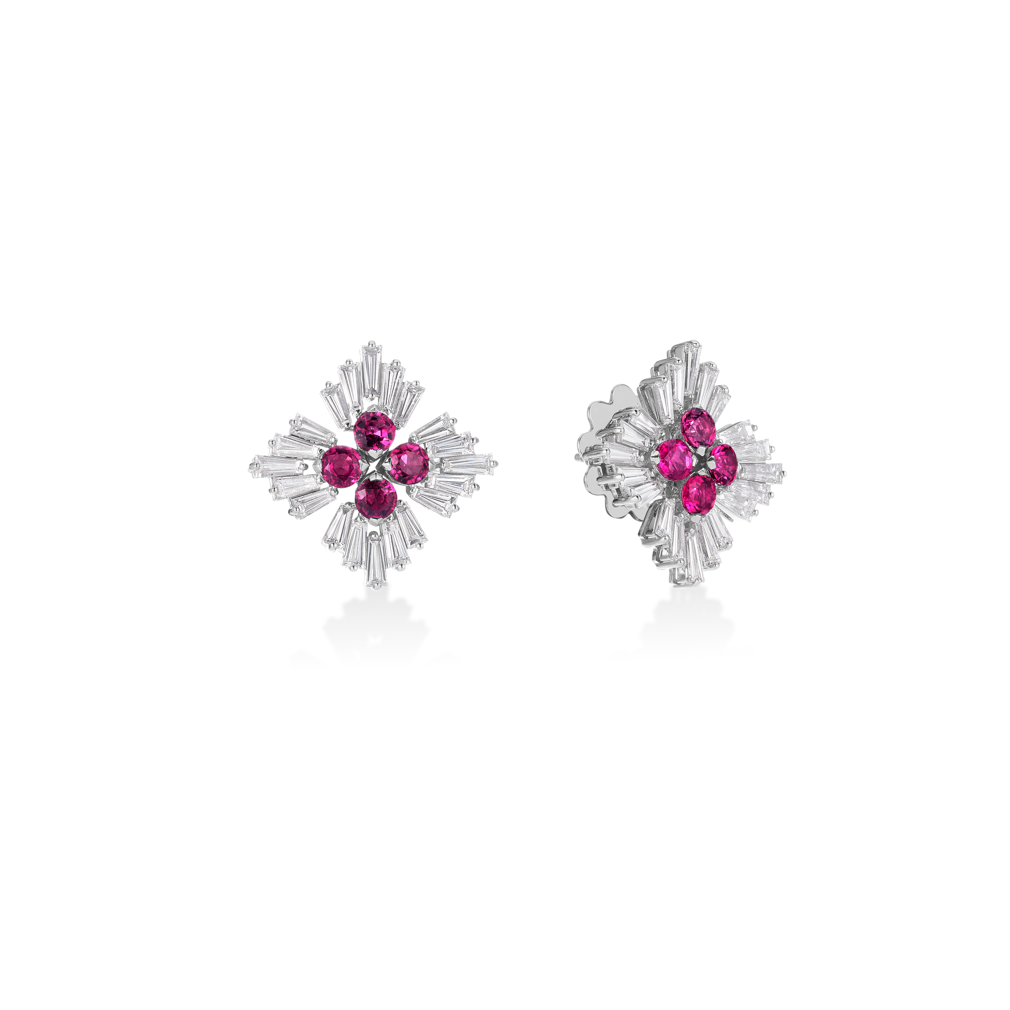 18k White Gold Diamond Princess Luce Diamond & Rubellite Flower Stud Earrings