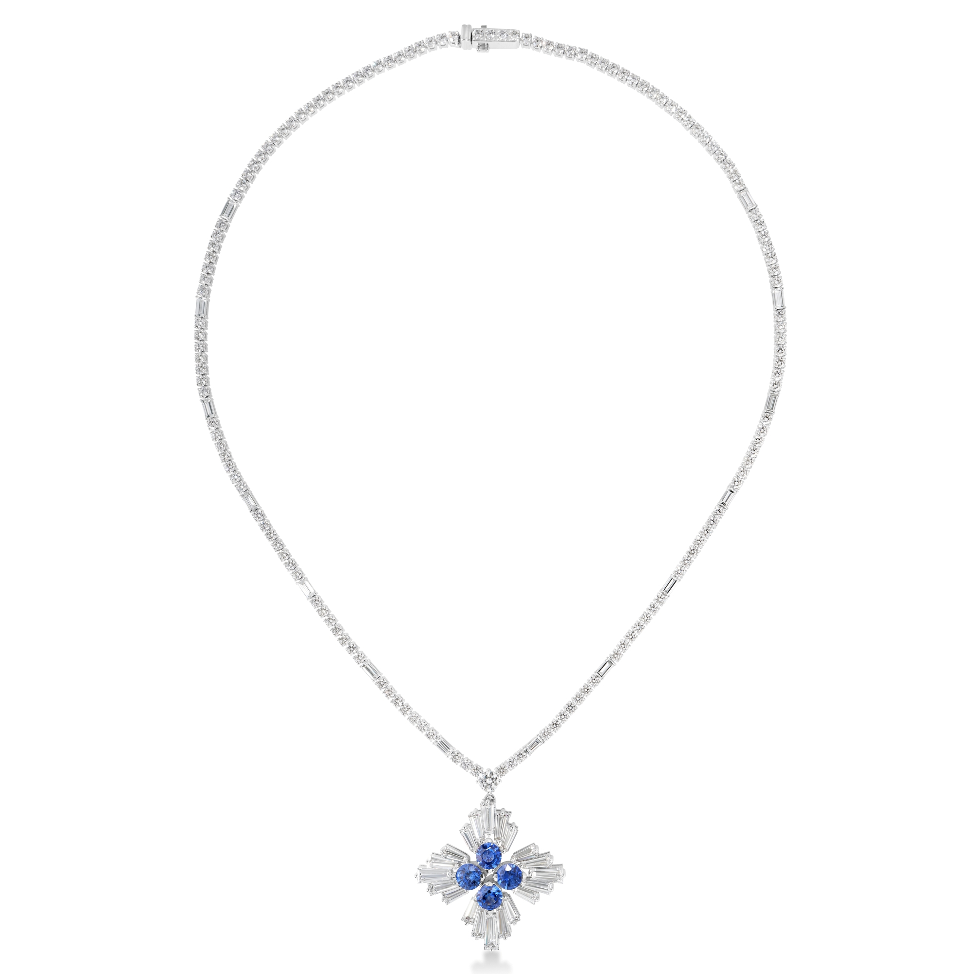 18k White Gold Diamond Princess Luce Diamond & Blue Sapphire Flower Necklace