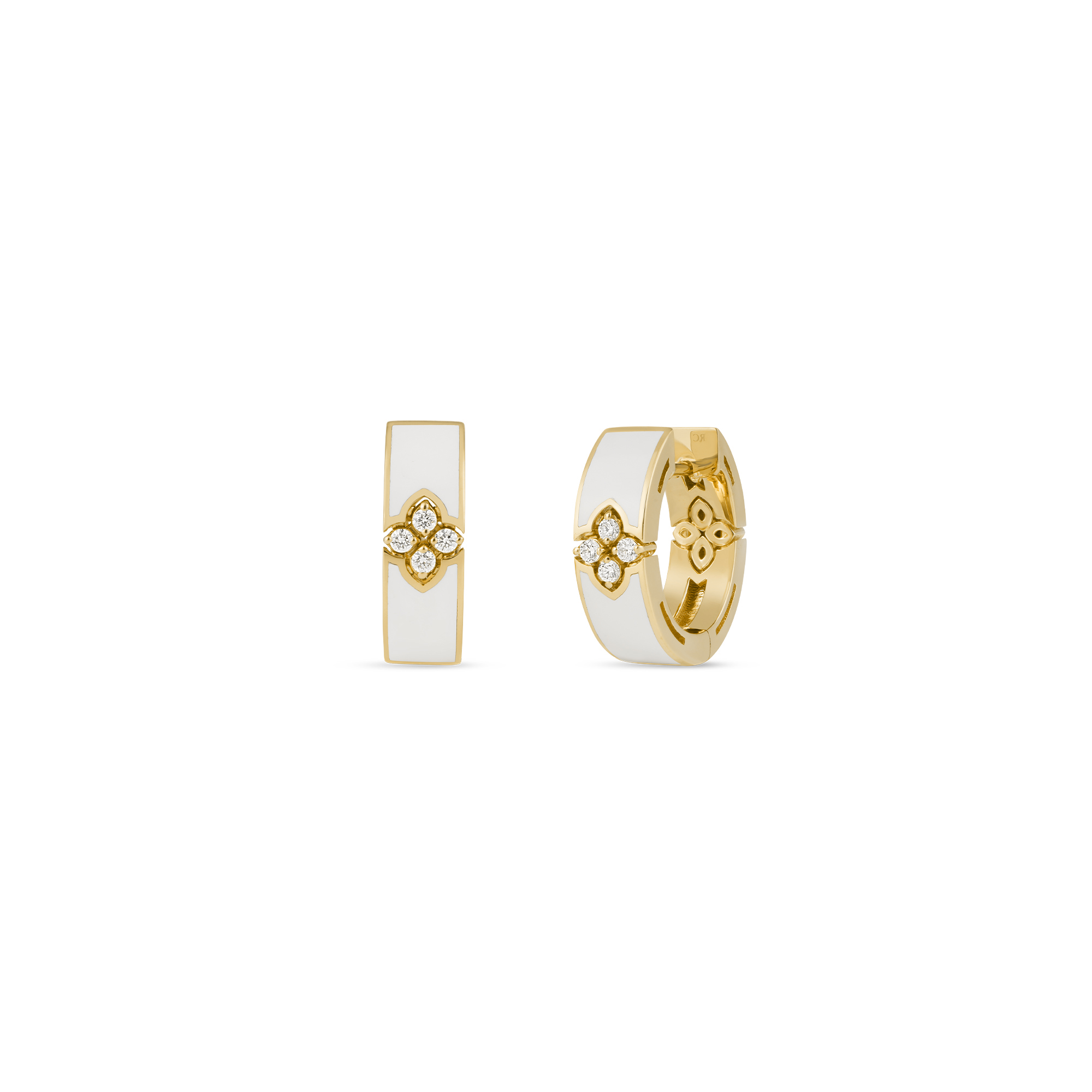 18k Yellow Gold Love In Verona Diamond & White Enamel Hoop Earrings