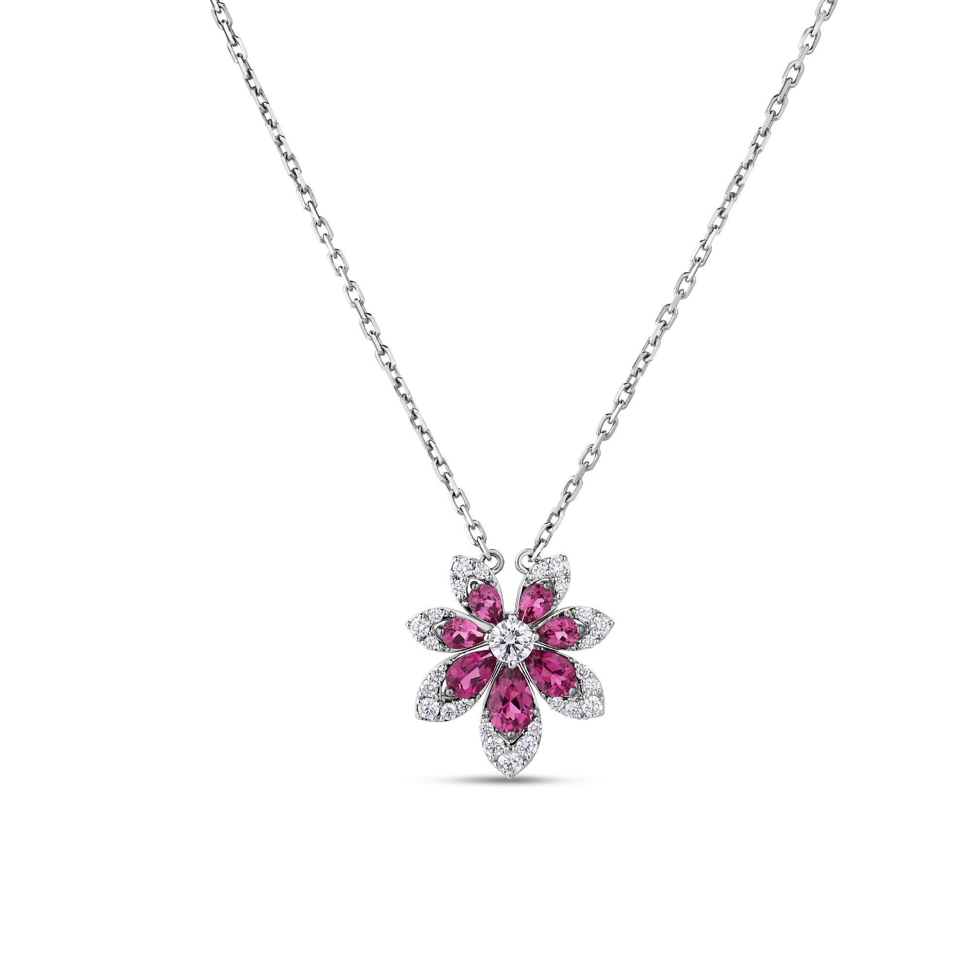 18k White Gold Tiare Diamond And Rubellite Flower Necklace