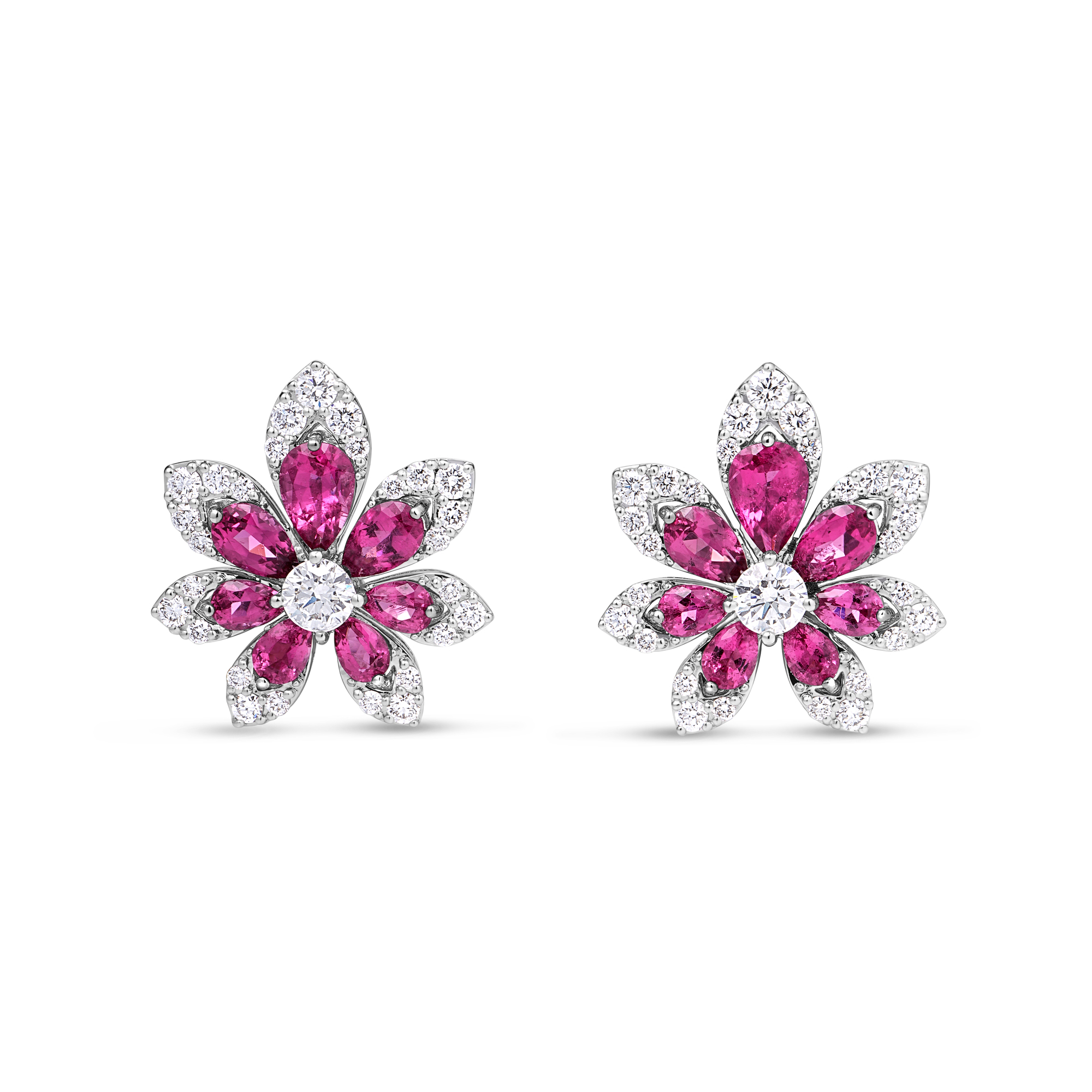 18k White Gold Tiare Diamond And Rubellite Flower Stud Earrings