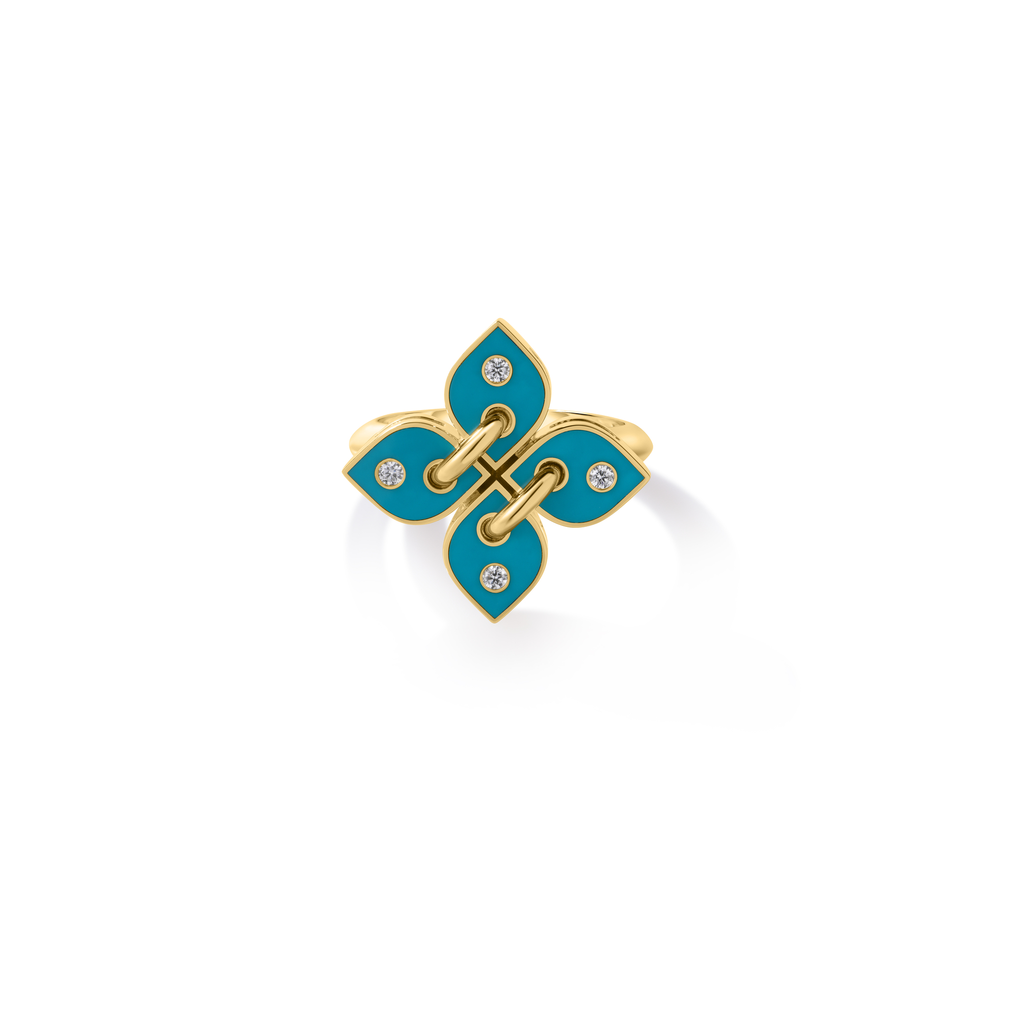 18k Yellow Gold Love In Verona Filo Small Diamond & Turquoise Enamel Flower Ring