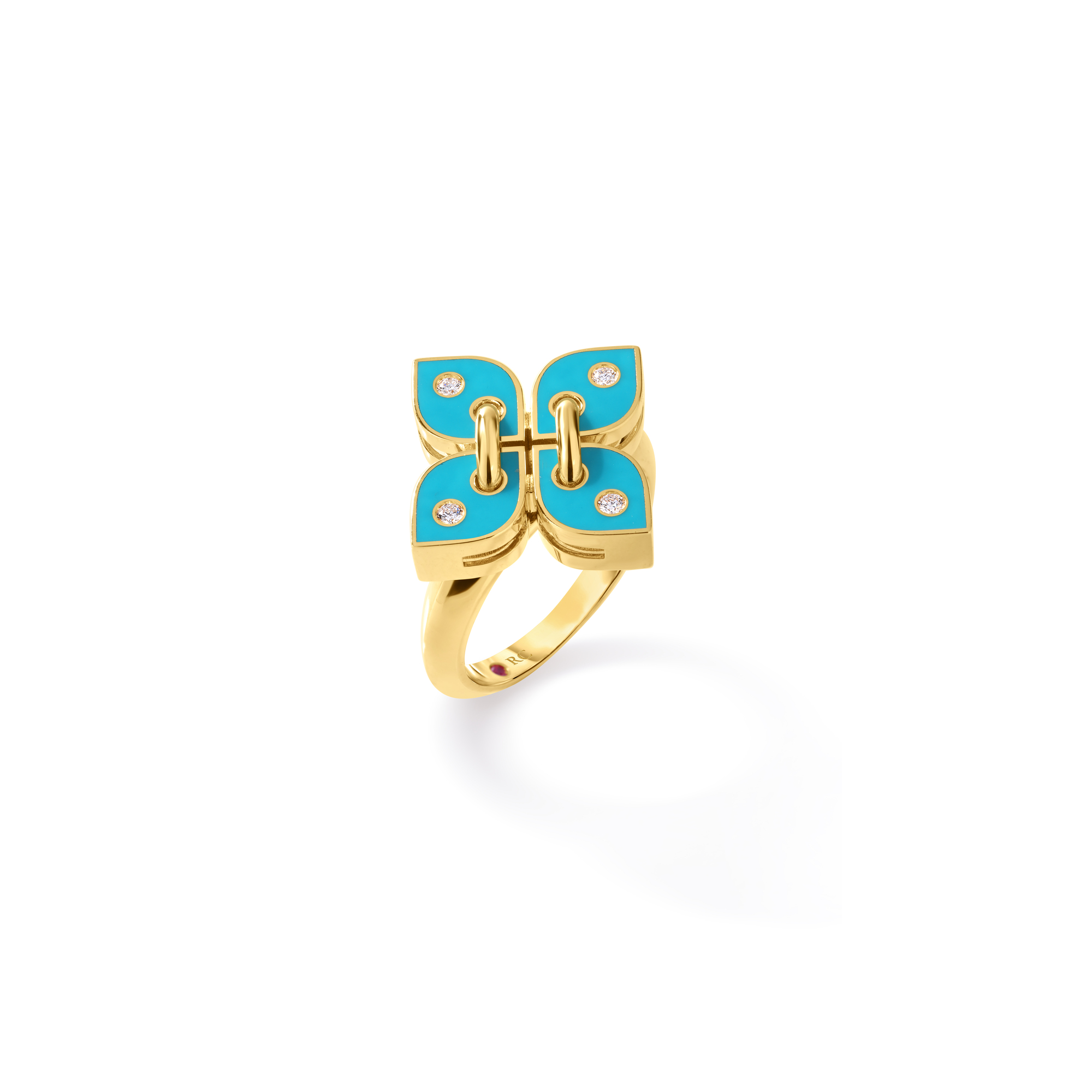 18k Yellow Gold Love In Verona Filo Small Diamond & Turquoise Enamel Flower Ring