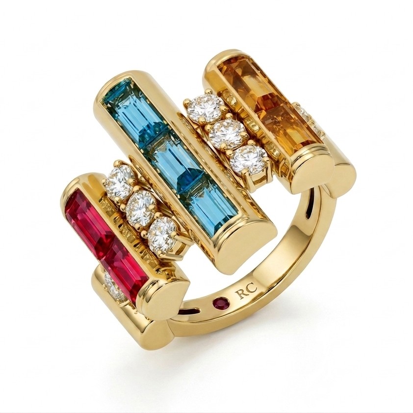 18k Yellow Gold Domino Diamond And Mixed Stones (blue Topaz, Citrine, And Rubellite) Ring