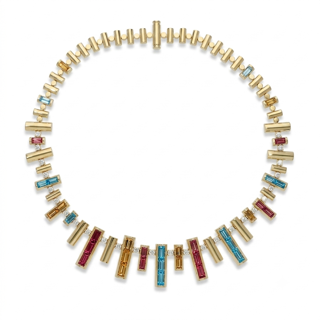18k Yellow Gold Domino Diamond And Mixed Stones (blue Topaz, Citrine, And Rubellite) Collar Necklace