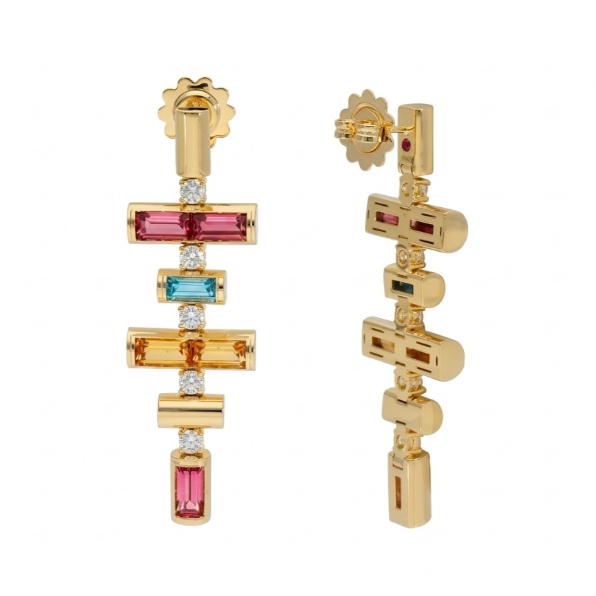 18k Yellow Gold Domino Diamond And Mixed Stones (blue Topaz, Citrine, And Rubellite) Earrings