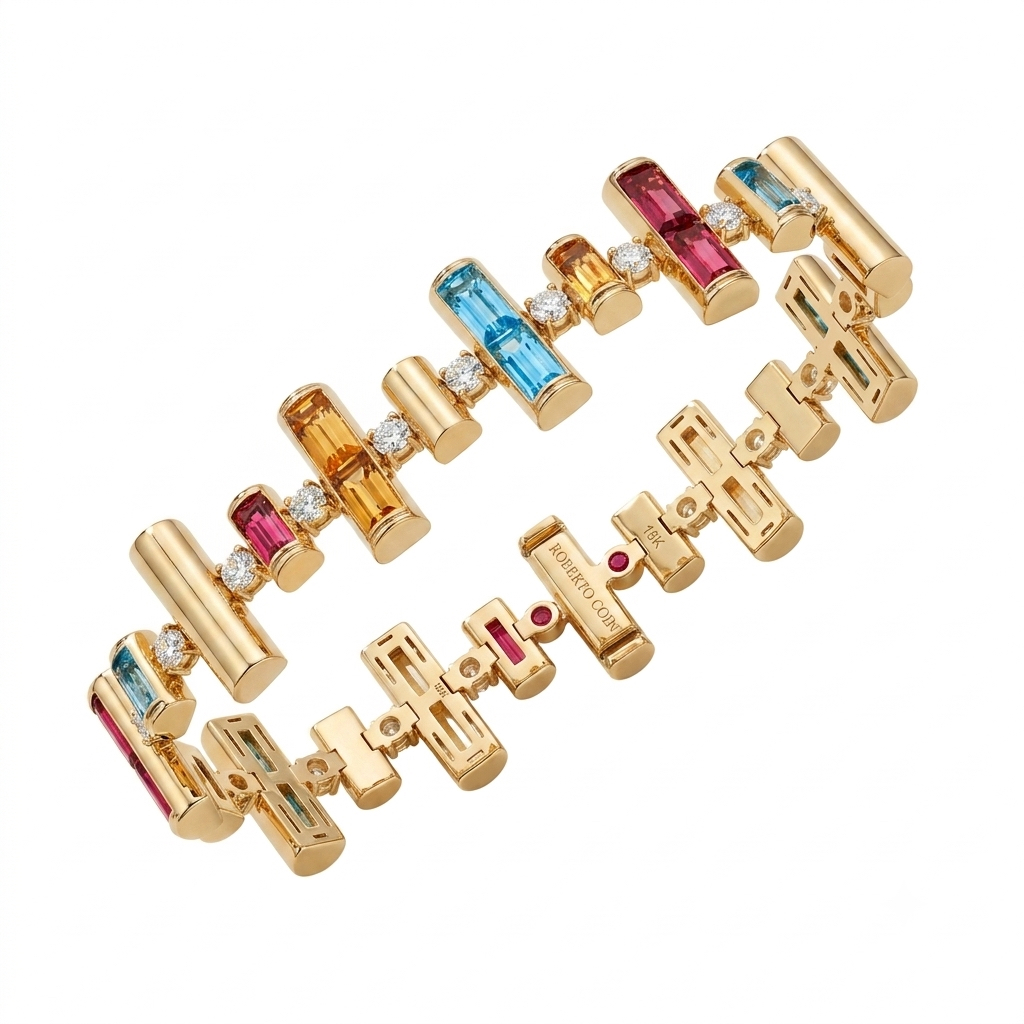 18k Yellow Gold Domino Diamond And Mixed Stones (blue Topaz, Citrine, And Rubellite) Bracelet